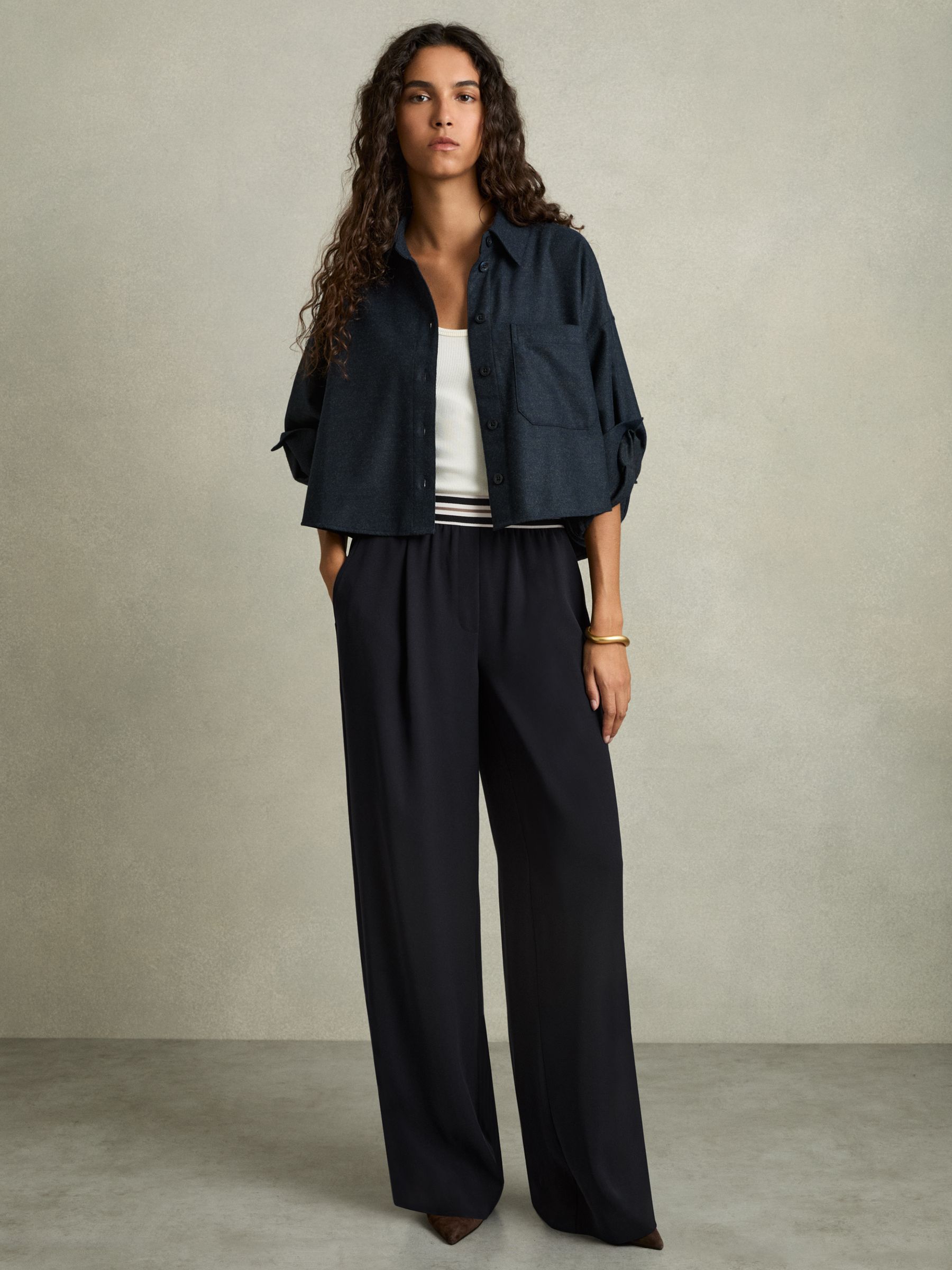 Petite Stripe-Waistband Wide-Leg Trousers in Navy - Image 3 of 7