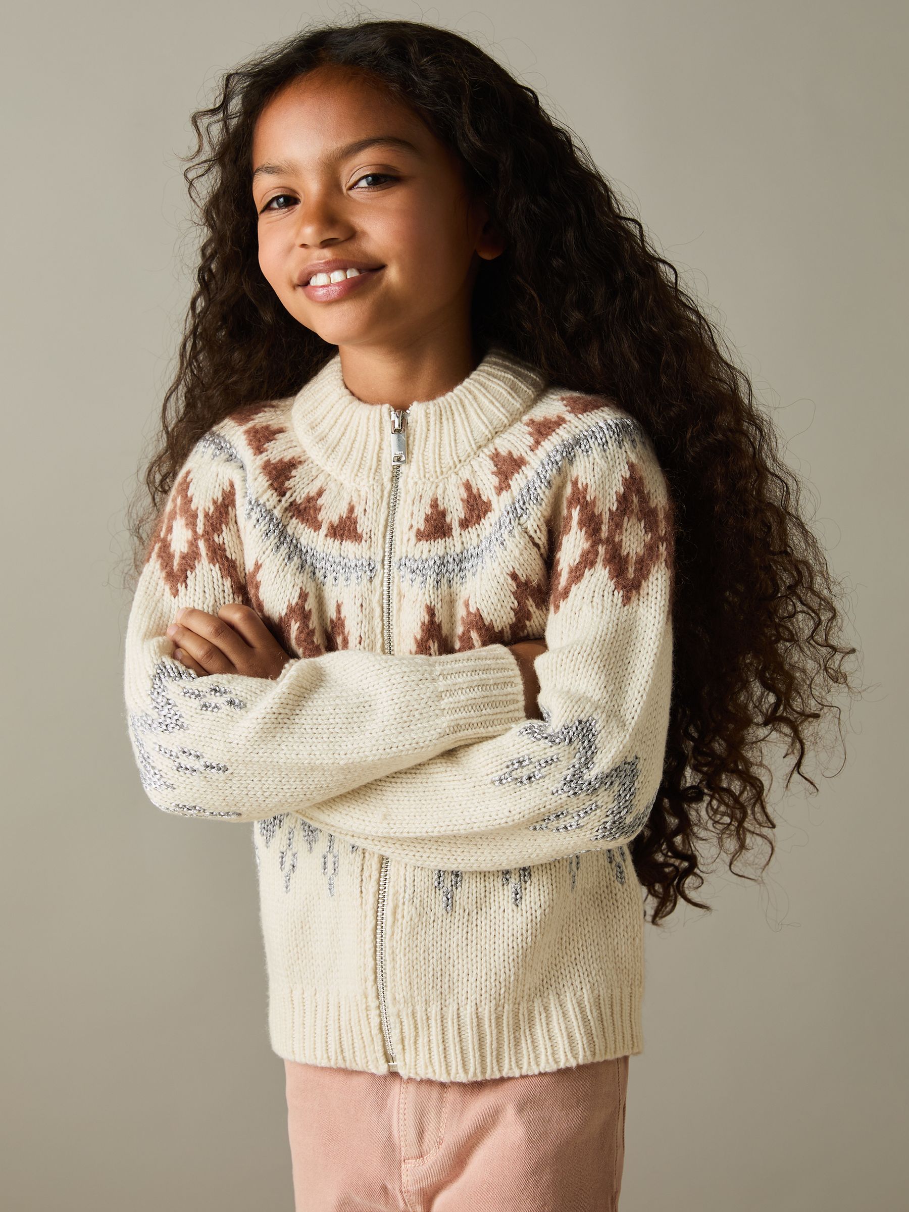 4-9 yrs Zipped Fair-Isle Cardigan with Wool and Cashmere in Cream - Image 3 of 4