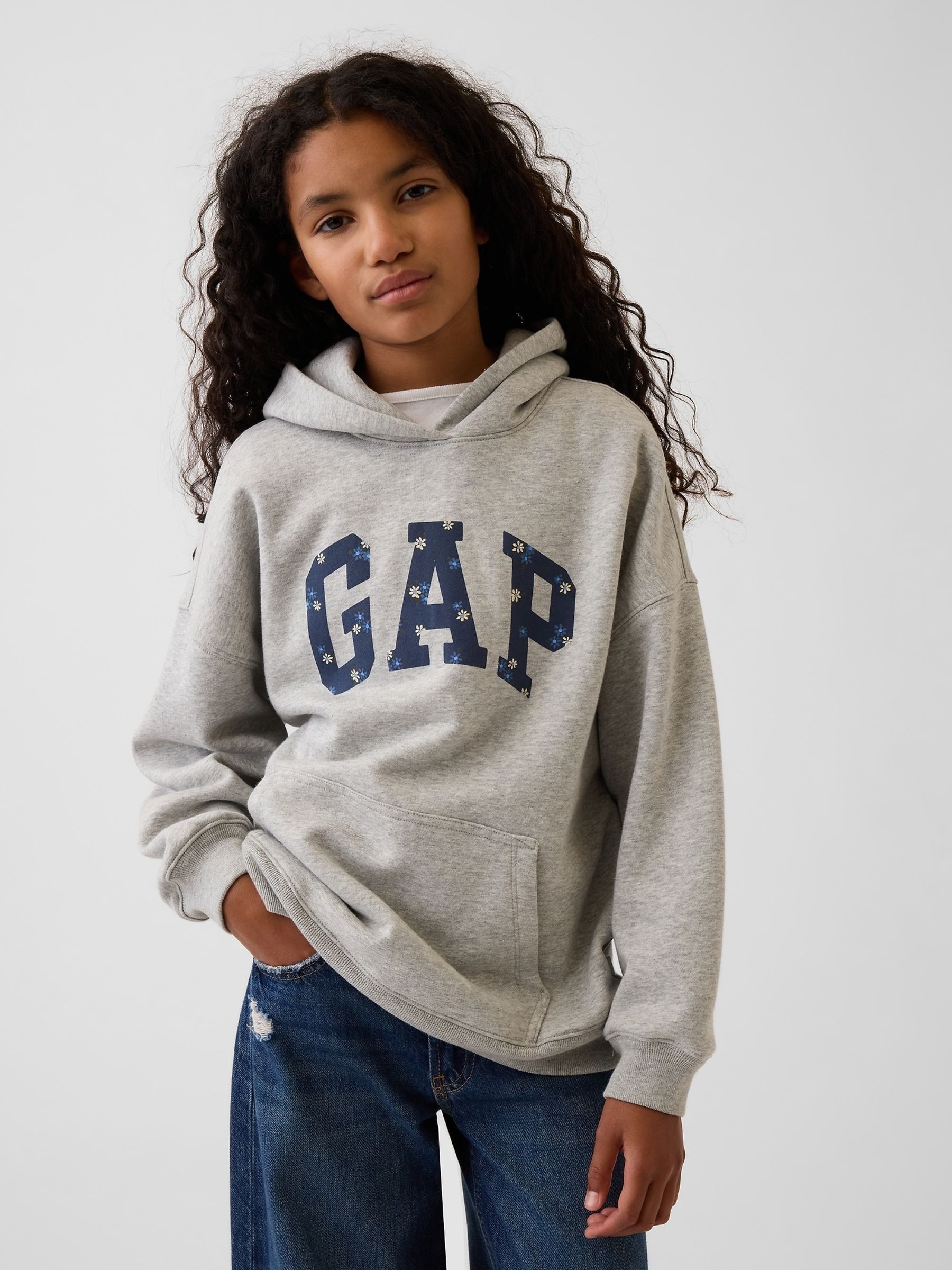 Grey/Blue Floral VintageSoft Oversized Logo Hoodie - Image 1 of 4 Grey/Blue Floral VintageSoft Oversized Logo Hoodie - Image 1 of 4