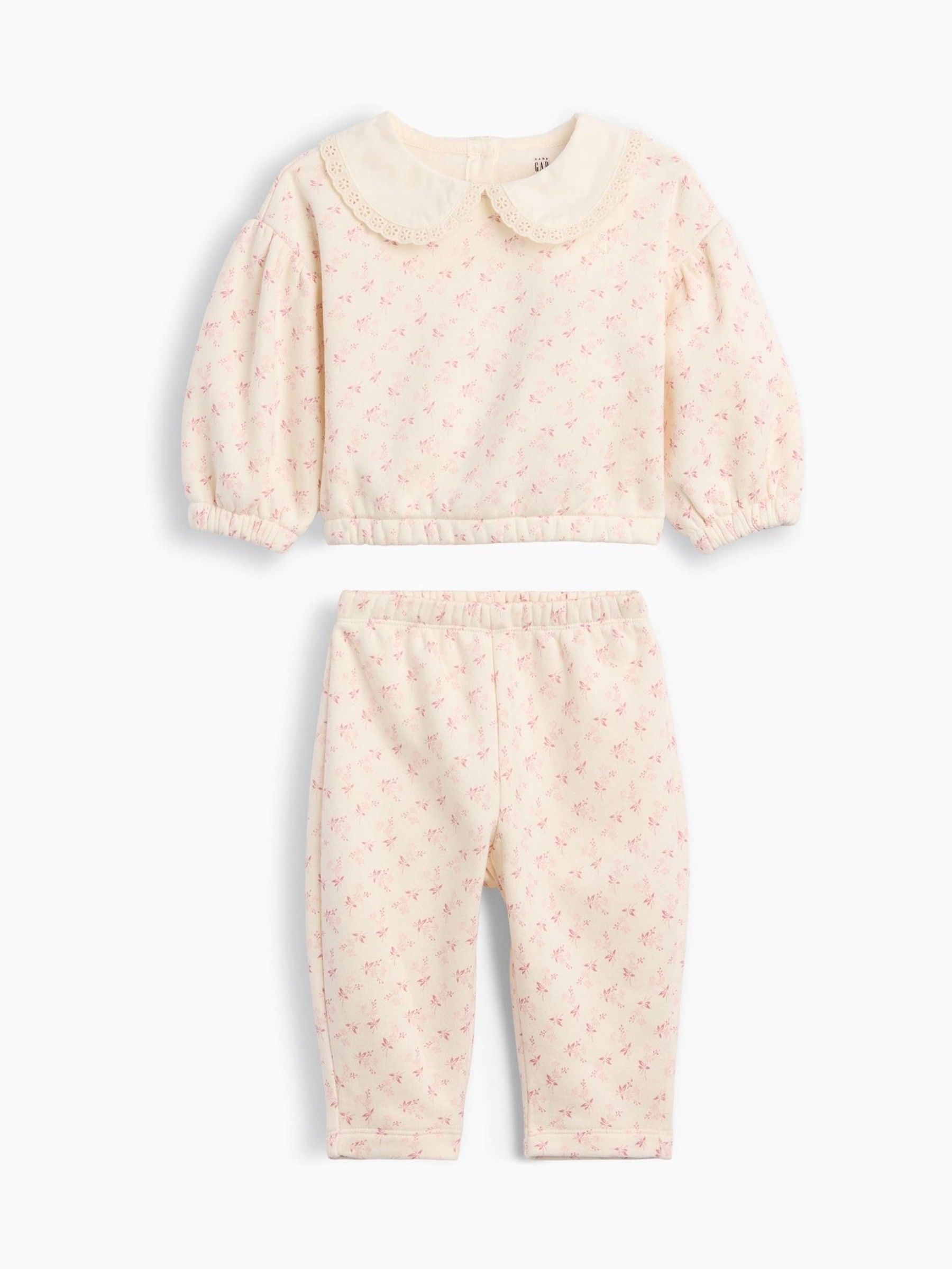 Cream/Pink Floral Vintage Soft Lace-Collar Sweatshirt Set - Image 2 of 2
