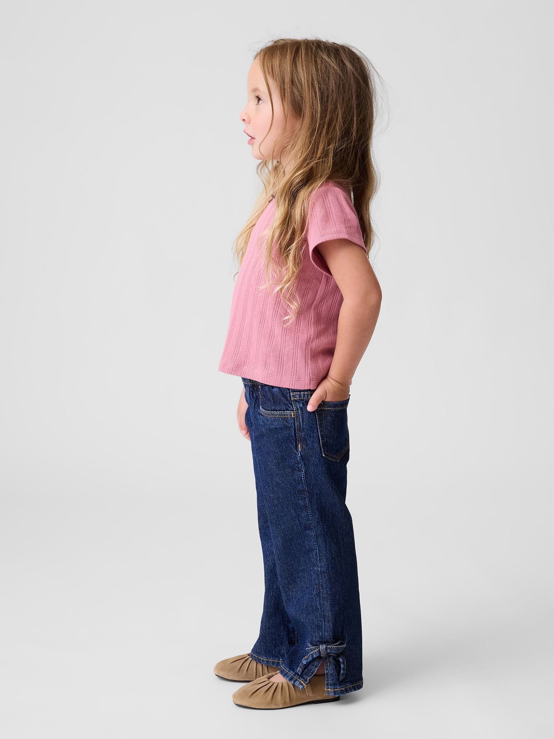 Dark Wash Bow Split-Hem Stride Jeans - Image 1 of 3 Dark Wash Bow Split-Hem Stride Jeans - Image 1 of 3