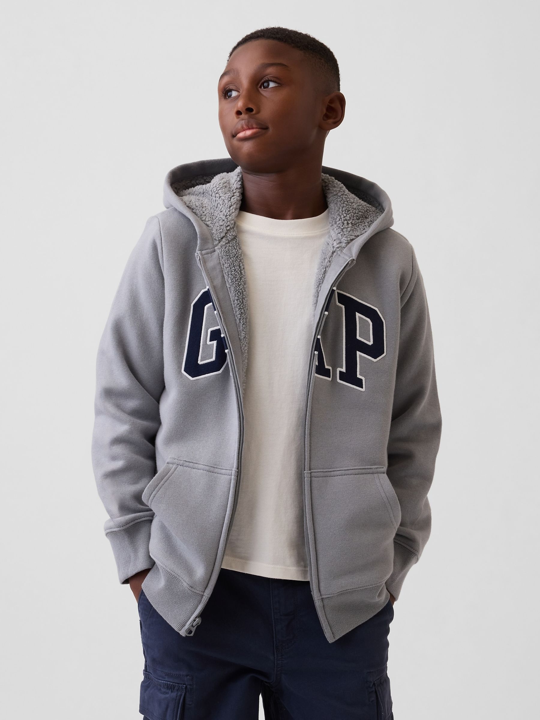 Grey Sherpa-Lined Zip-Up Hoodie - Image 1 of 4