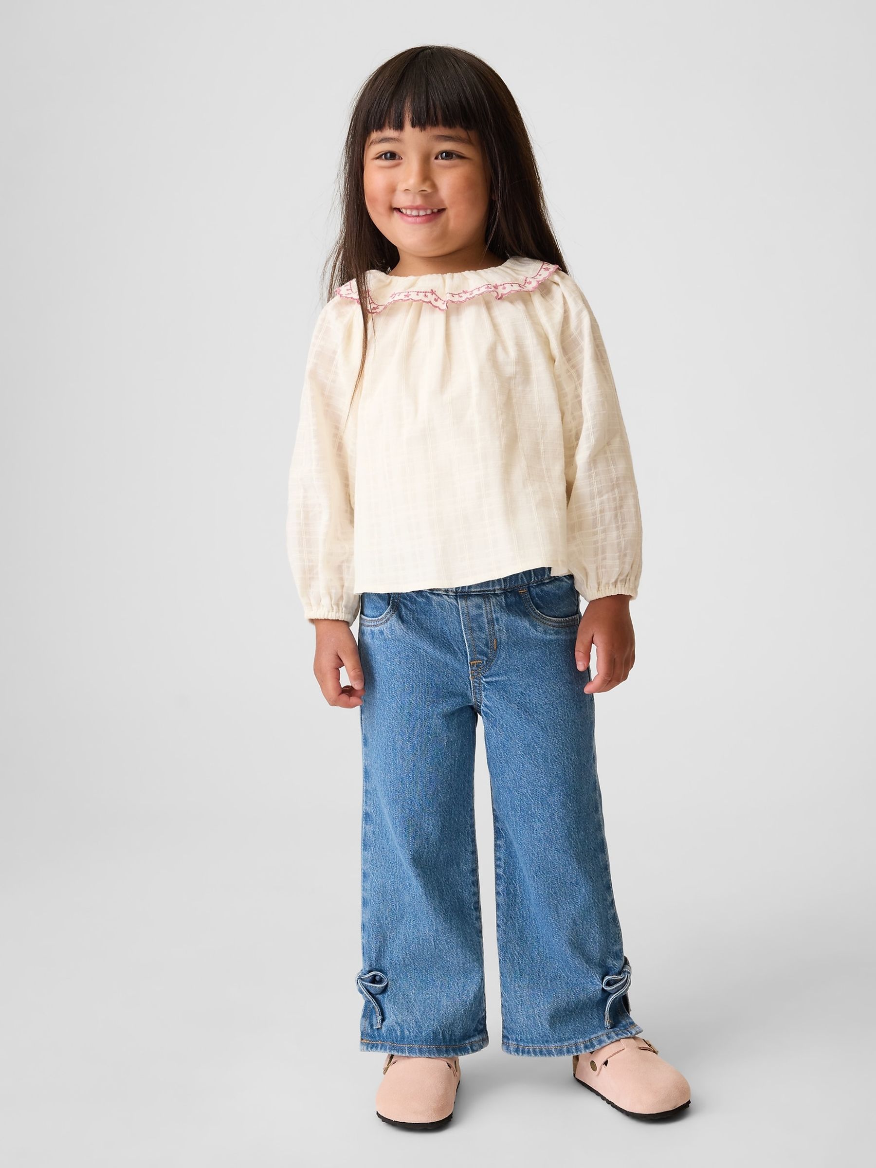 Blue Medium Wash Bow Split-Hem Stride Jeans - Image 1 of 3