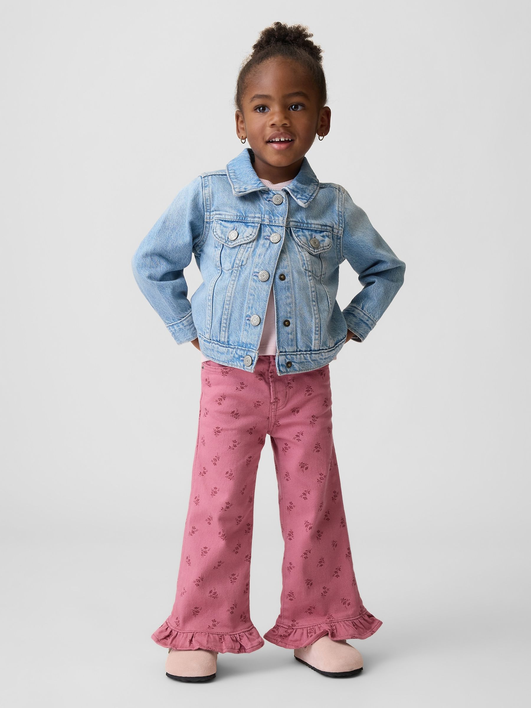 Pink Floral Ruffle-Hem Stride Jeans - Image 1 of 3