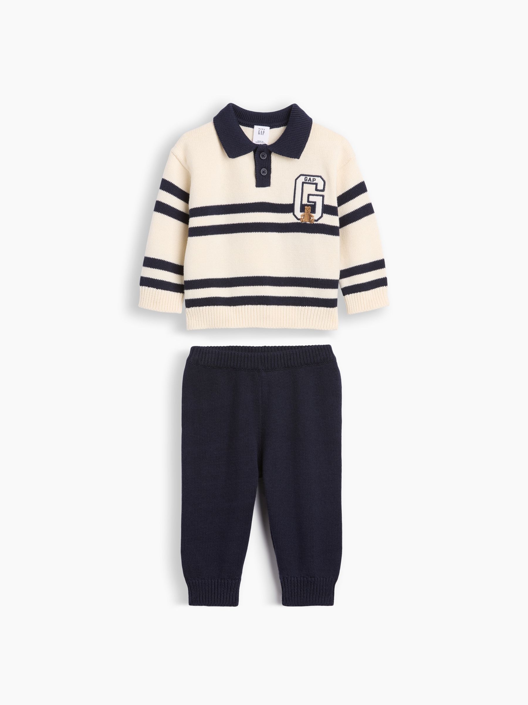 Cream/Navy Stripe Polo Jumper Outfit Set - Image 1 of 3