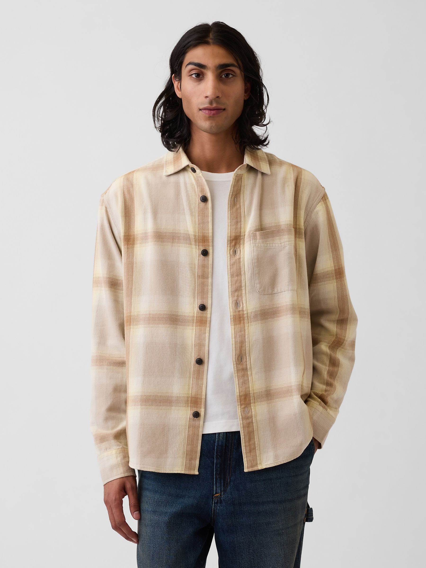 Beige/Yellow Sunwashed Twill Relaxed Check Shirt - Image 1 of 4