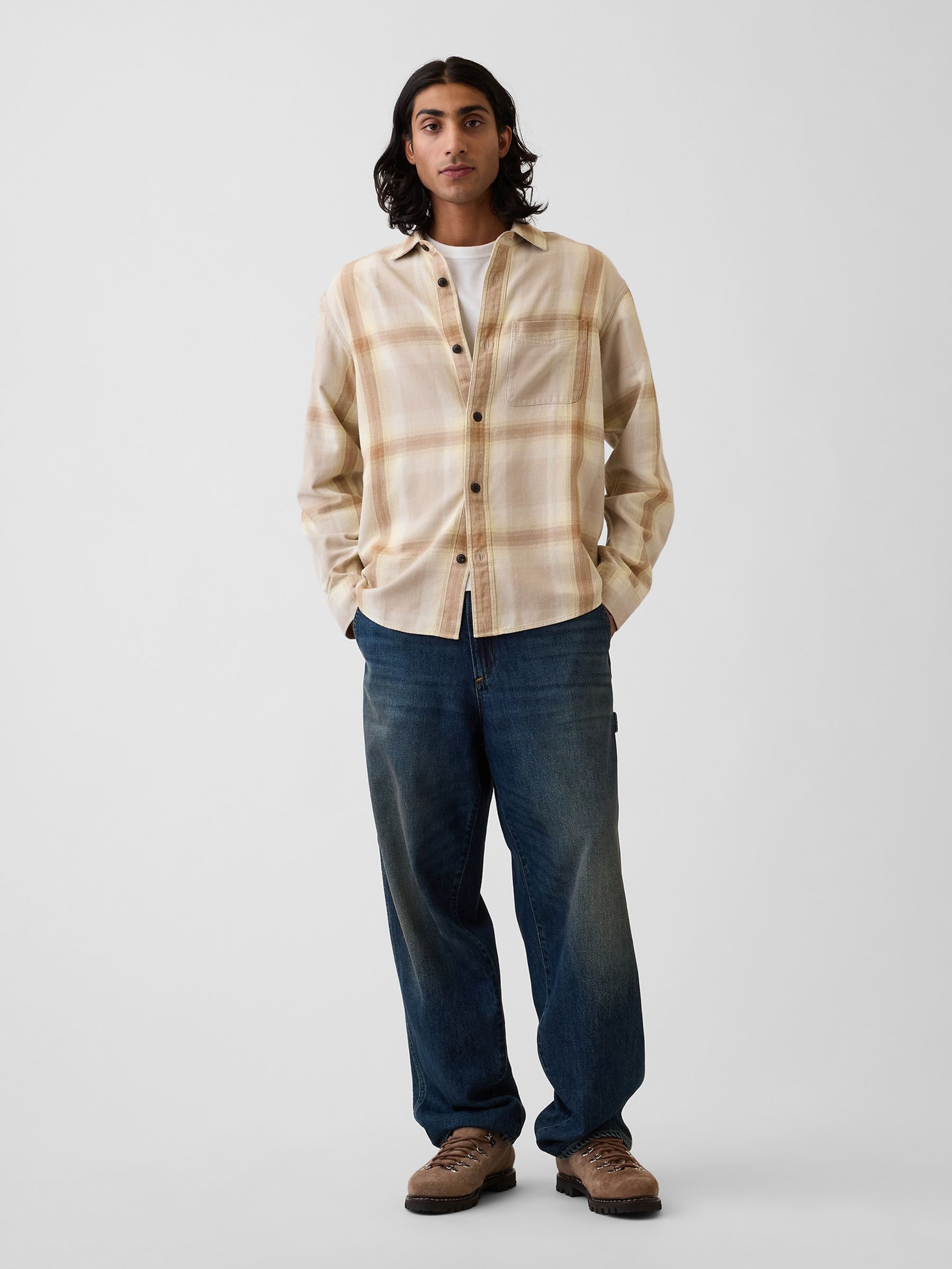 Beige/Yellow Sunwashed Twill Relaxed Check Shirt - Image 3 of 4