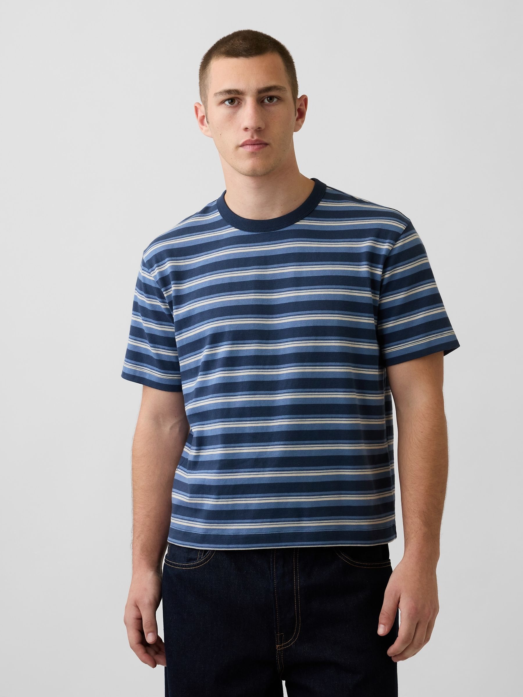 Blue Stripe Heavyweight Boxy Short Sleeve T-Shirt - Image 1 of 4