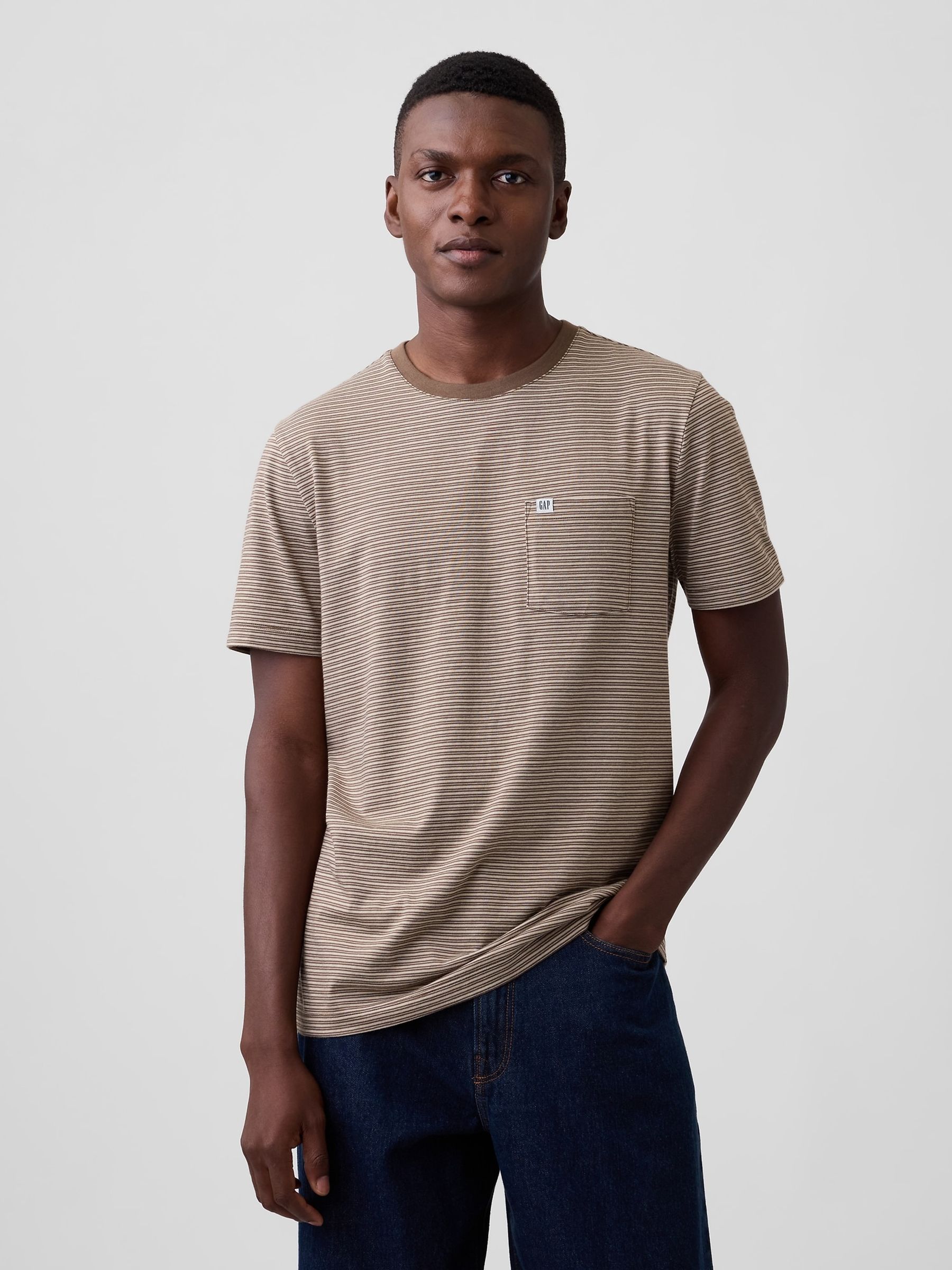 Khaki Green Stripe Pocket Short Sleeve T-Shirt - Image 1 of 4