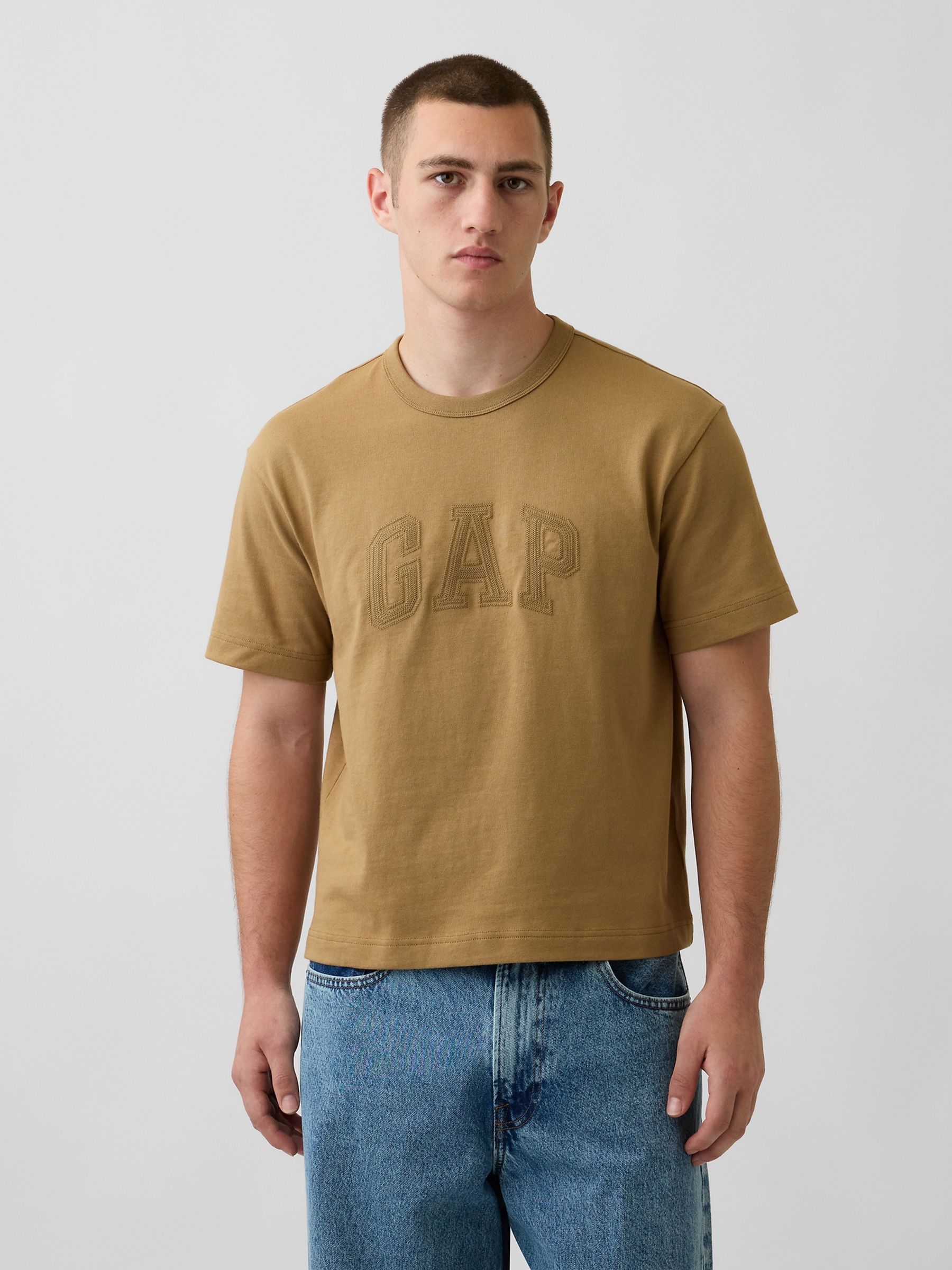 Tan Brown Heavyweight Relaxed Gap Logo Crop T-Shirt - Image 1 of 4