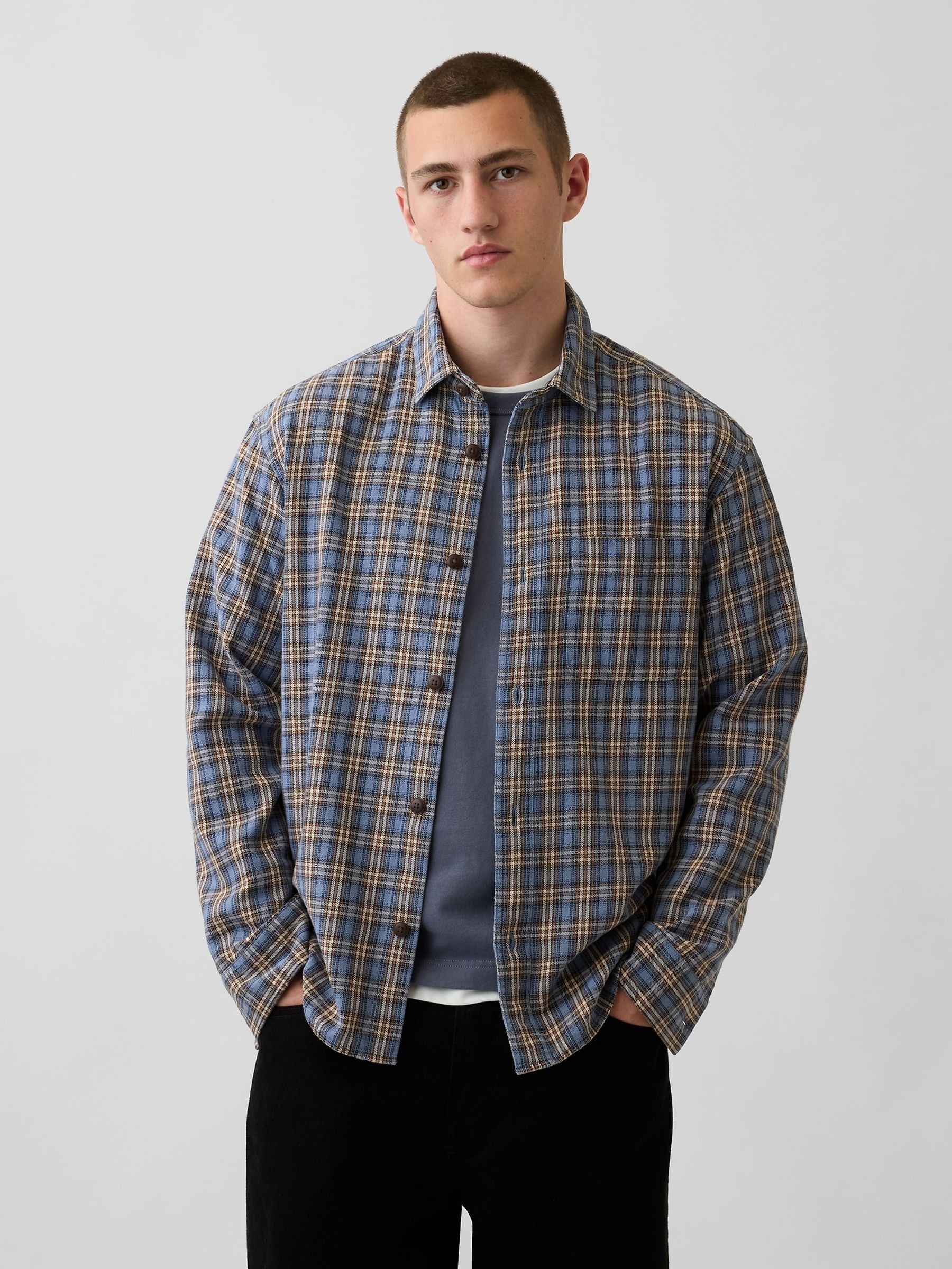 Blue Sunwashed Twill Relaxed Check Shirt - Image 1 of 4