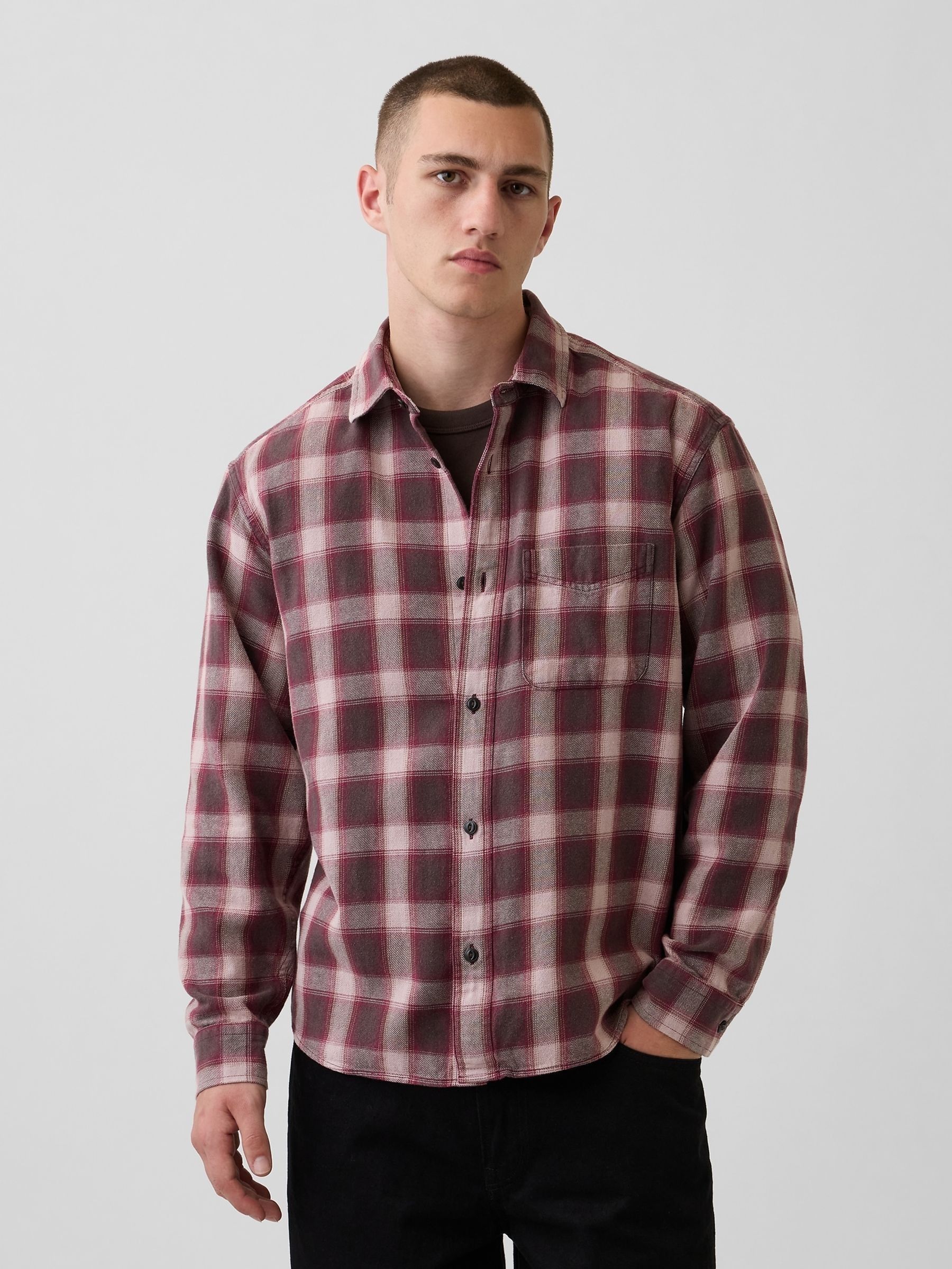 Red/Brown Check Sunwashed Twill Relaxed Check Shirt - Image 1 of 4 Red/Brown Check Sunwashed Twill Relaxed Check Shirt - Image 1 of 4