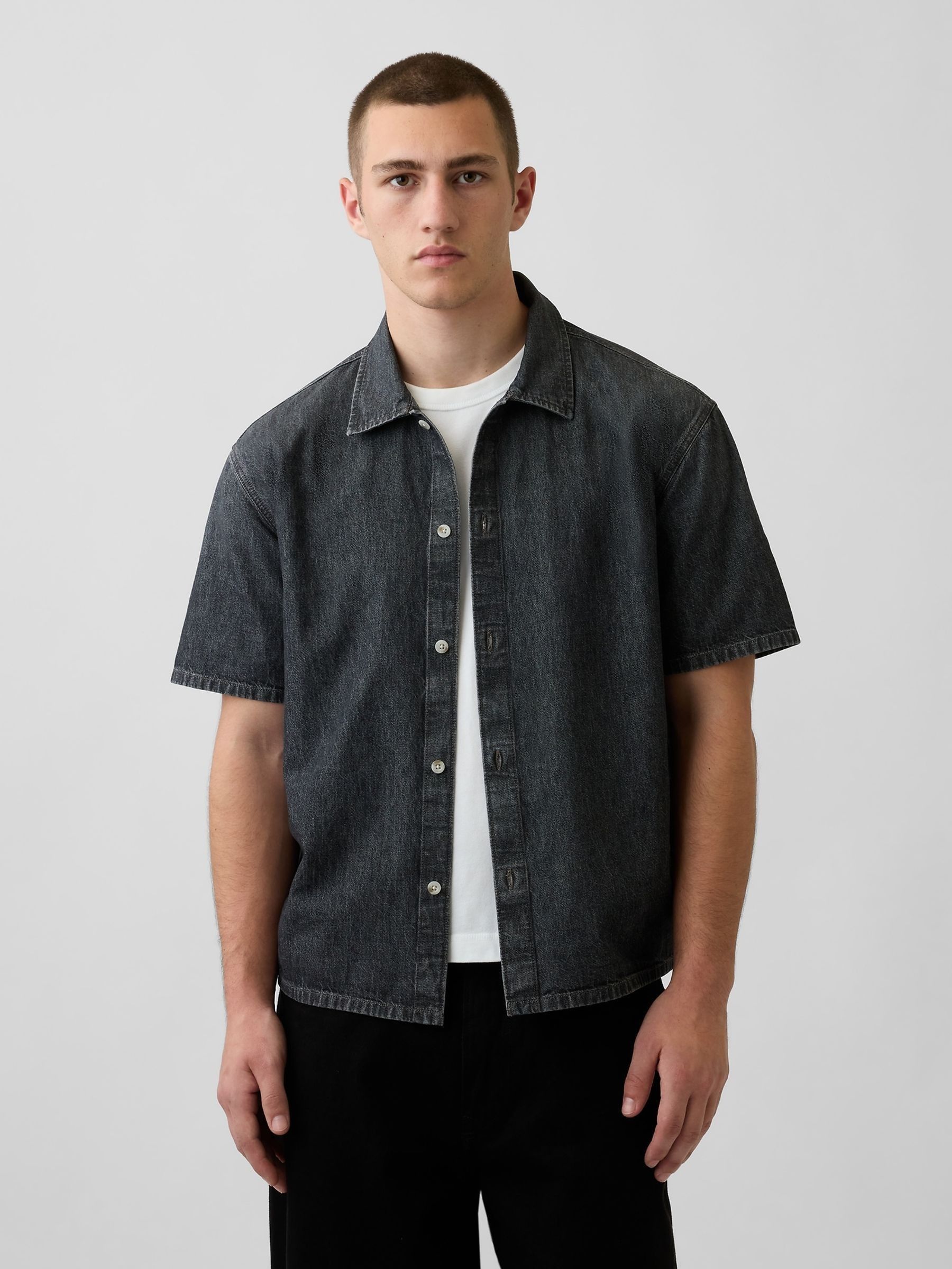 Black Denim Relaxed Short Sleeve Shirt - Image 1 of 4