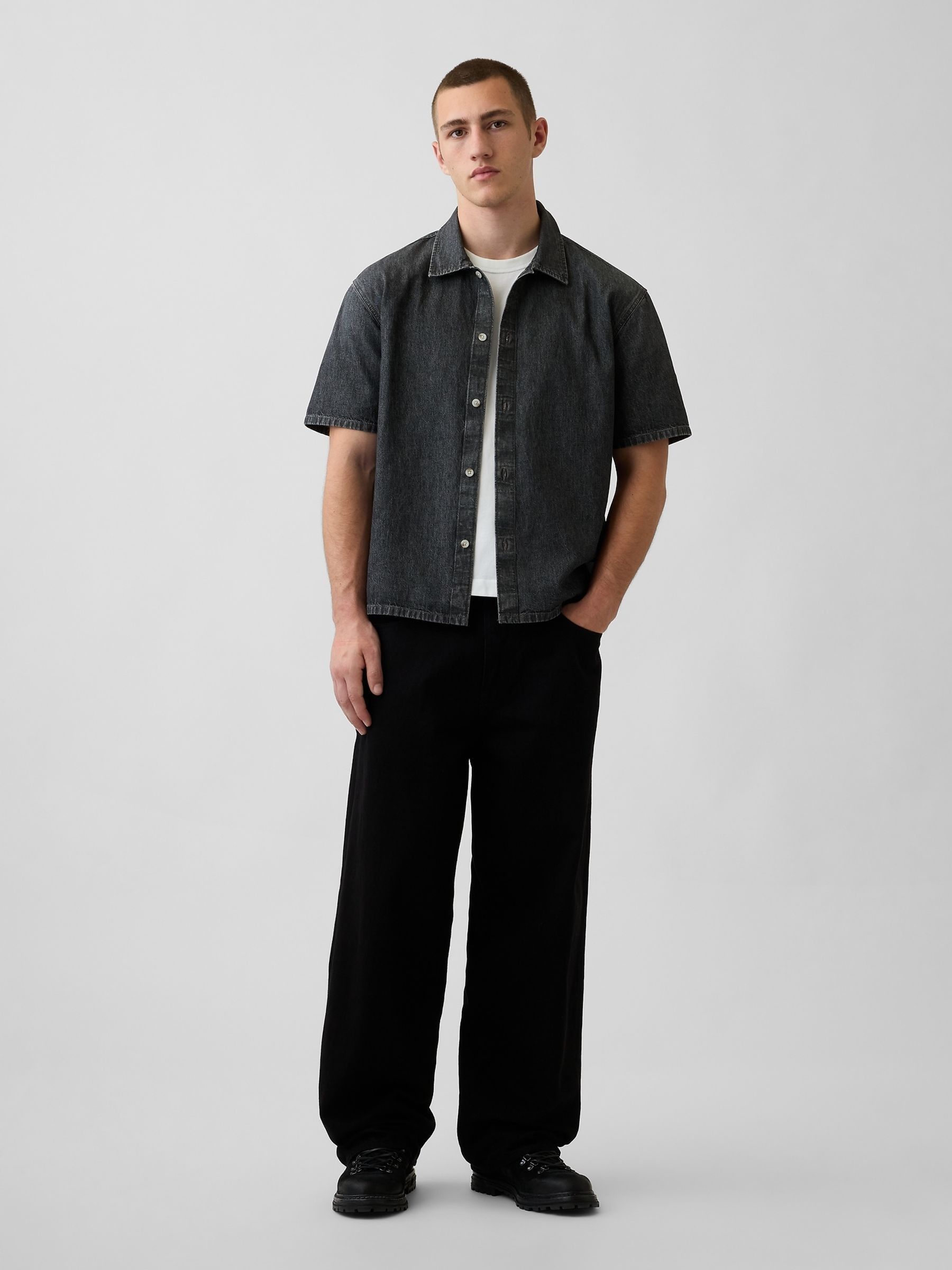 Black Denim Relaxed Short Sleeve Shirt - Image 3 of 4