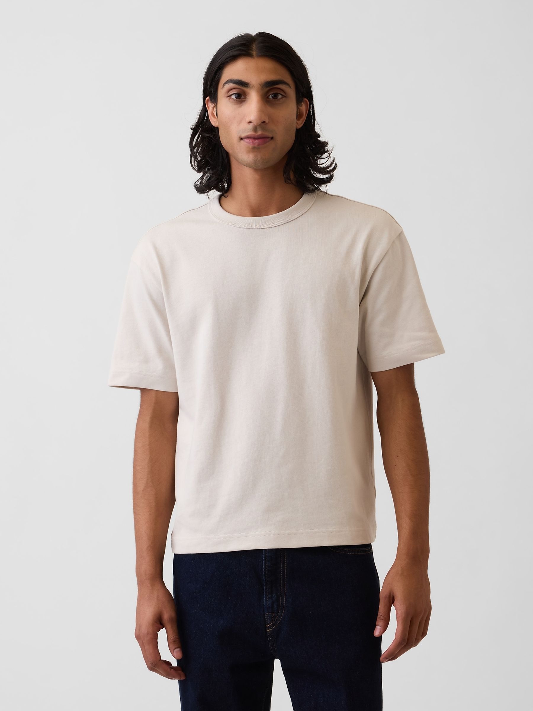 Beige Heavyweight Boxy Short Sleeve T-Shirt - Image 1 of 4 Beige Heavyweight Boxy Short Sleeve T-Shirt - Image 1 of 4