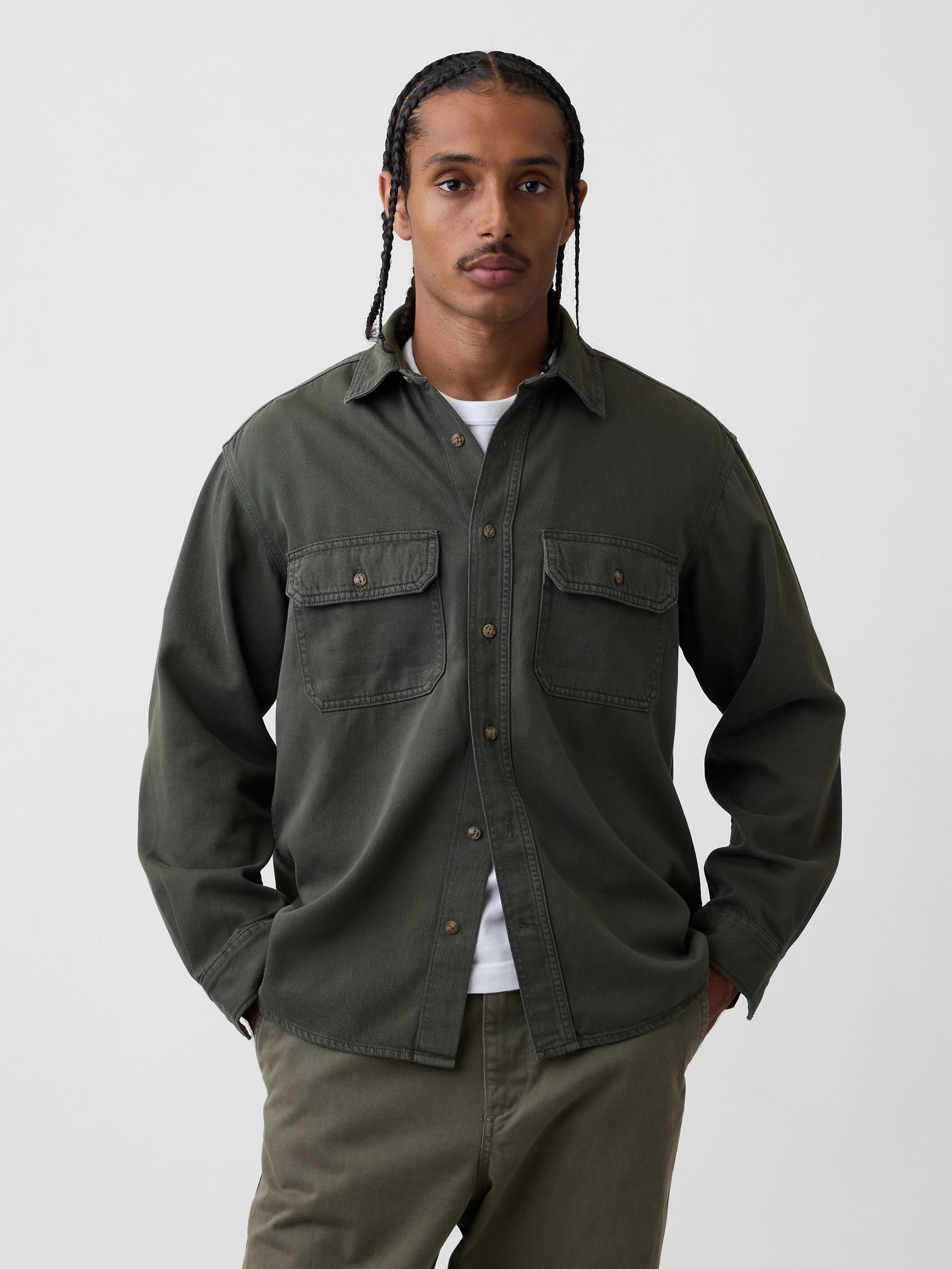 Green UltraSoft Denim Relaxed Utility Shirt - Image 1 of 4 Green UltraSoft Denim Relaxed Utility Shirt - Image 1 of 4