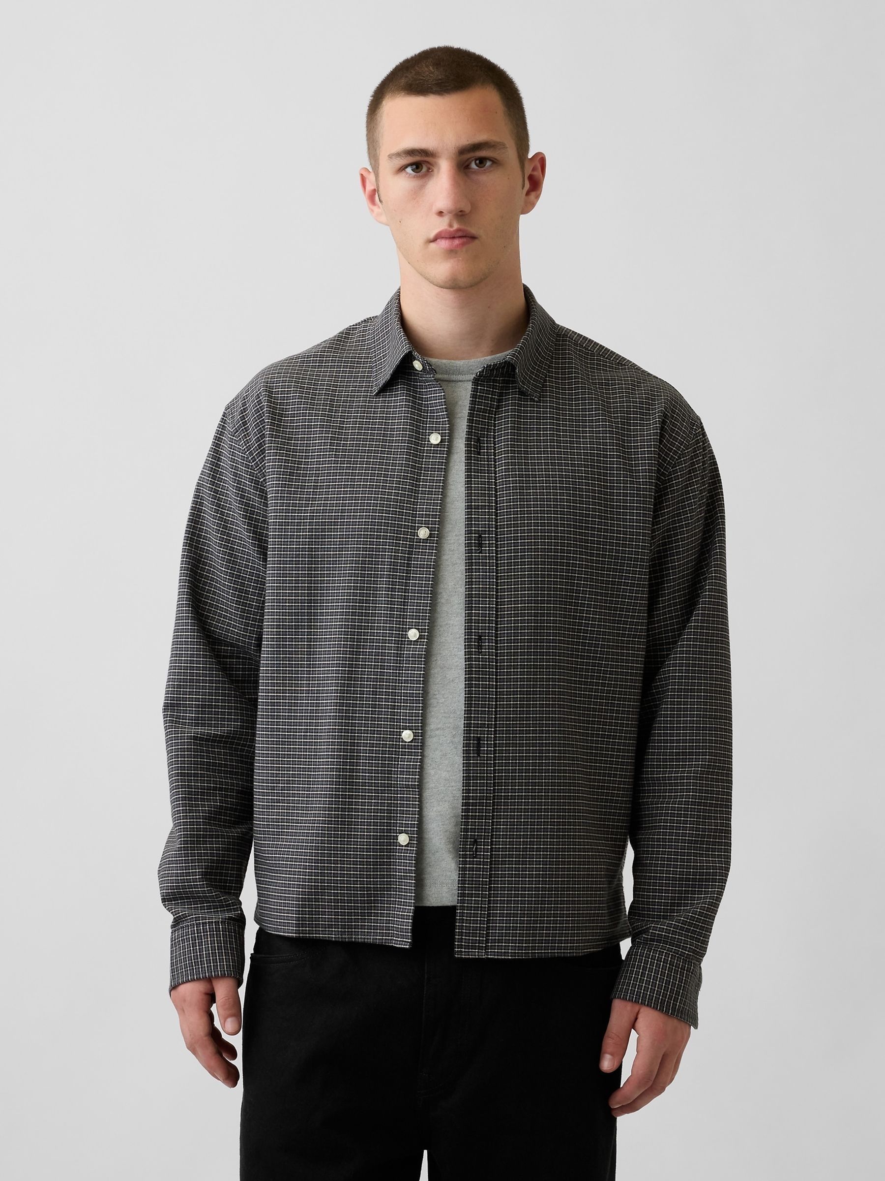Grey Check Relaxed Boxy Straight-Hem Oxford Shirt - Image 1 of 4 Grey Check Relaxed Boxy Straight-Hem Oxford Shirt - Image 1 of 4