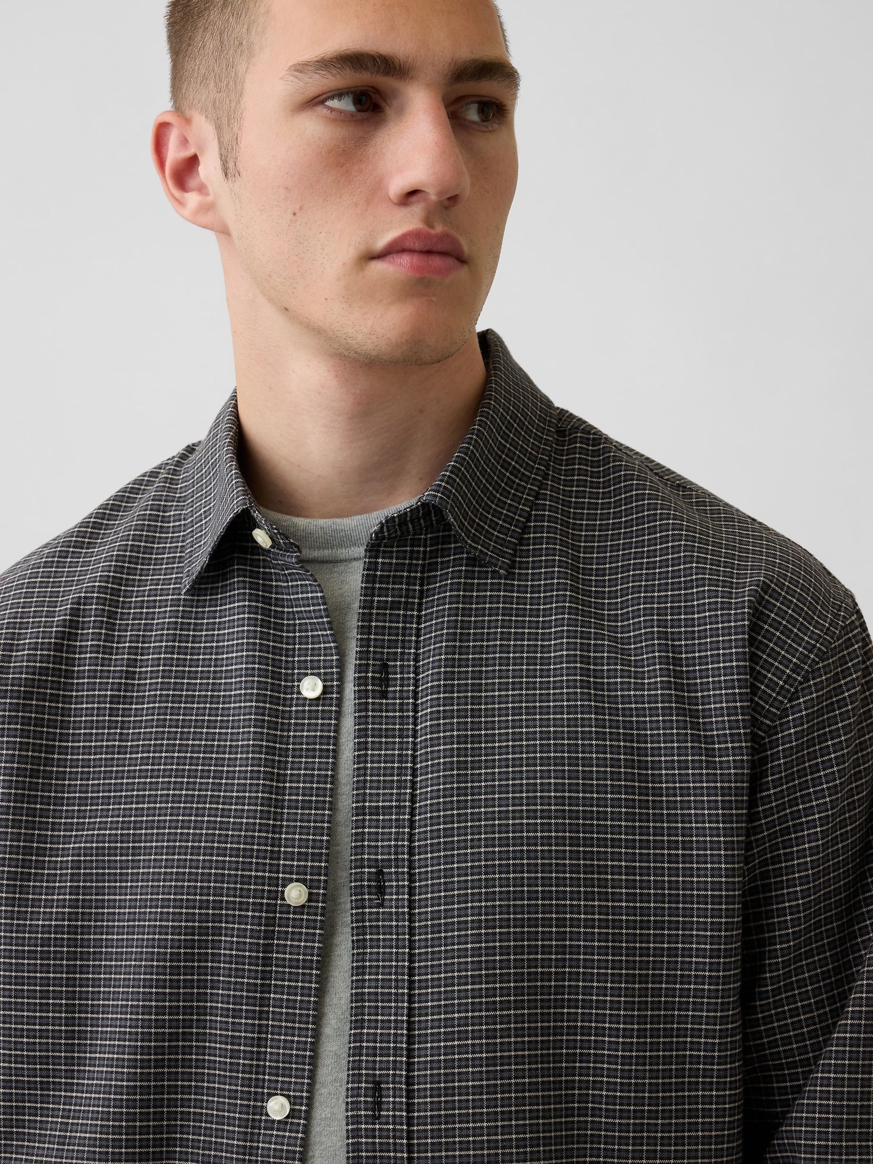 Grey Check Relaxed Boxy Straight-Hem Oxford Shirt - Image 4 of 4