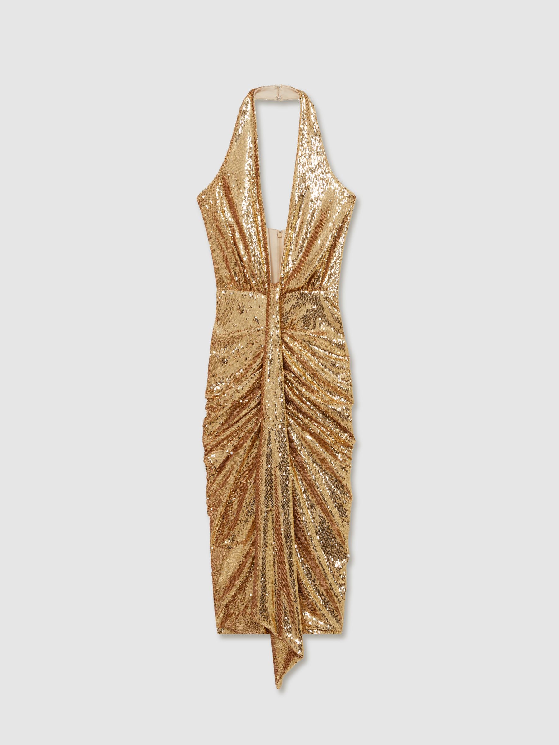 Halston Gold Sequin Halterneck Plunge Dress in Gold - Image 2 of 6
