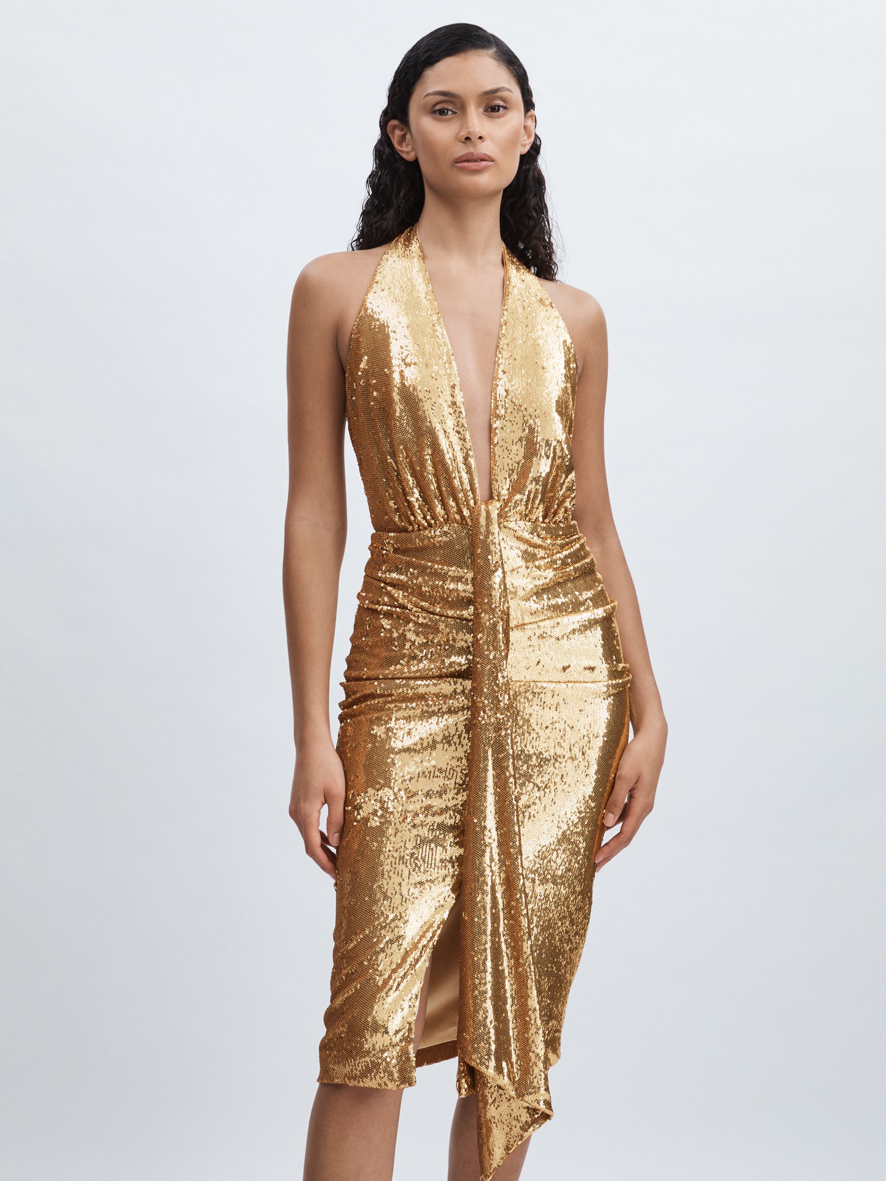 Halston Gold Sequin Halterneck Plunge Dress in Gold - Image 3 of 6
