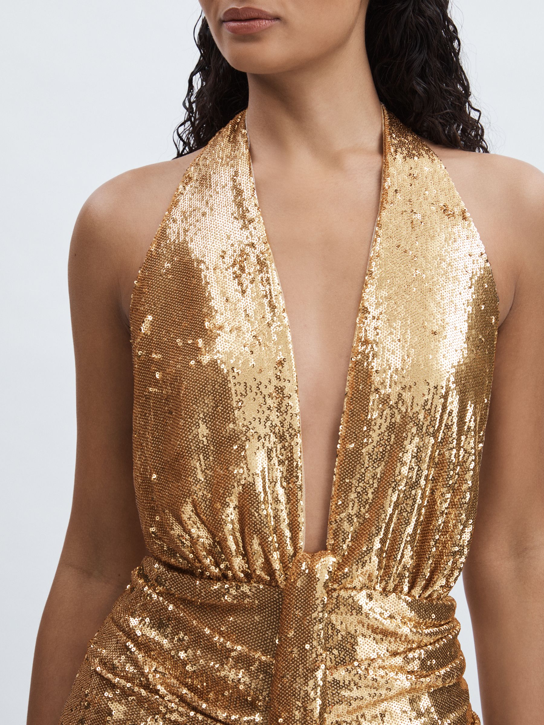 Halston Gold Sequin Halterneck Plunge Dress in Gold - Image 4 of 6