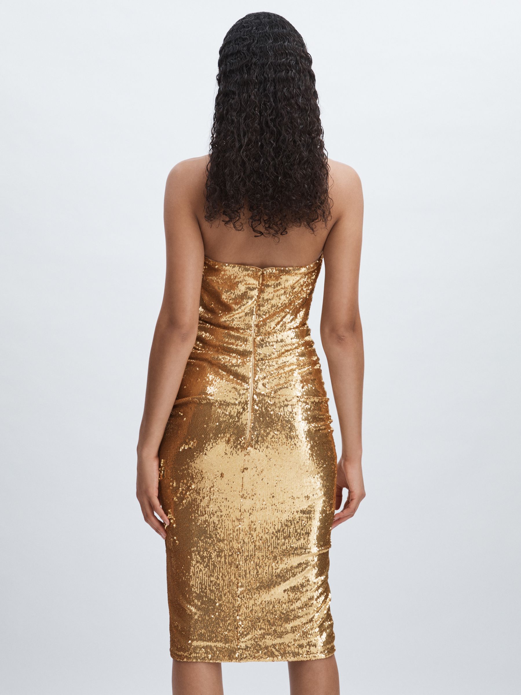 Halston Gold Sequin Halterneck Plunge Dress in Gold - Image 5 of 6
