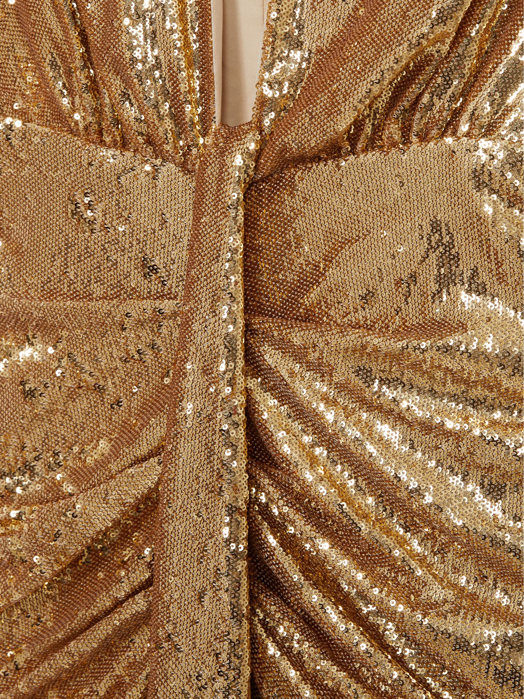 Halston Gold Sequin Halterneck Plunge Dress in Gold - Image 6 of 6