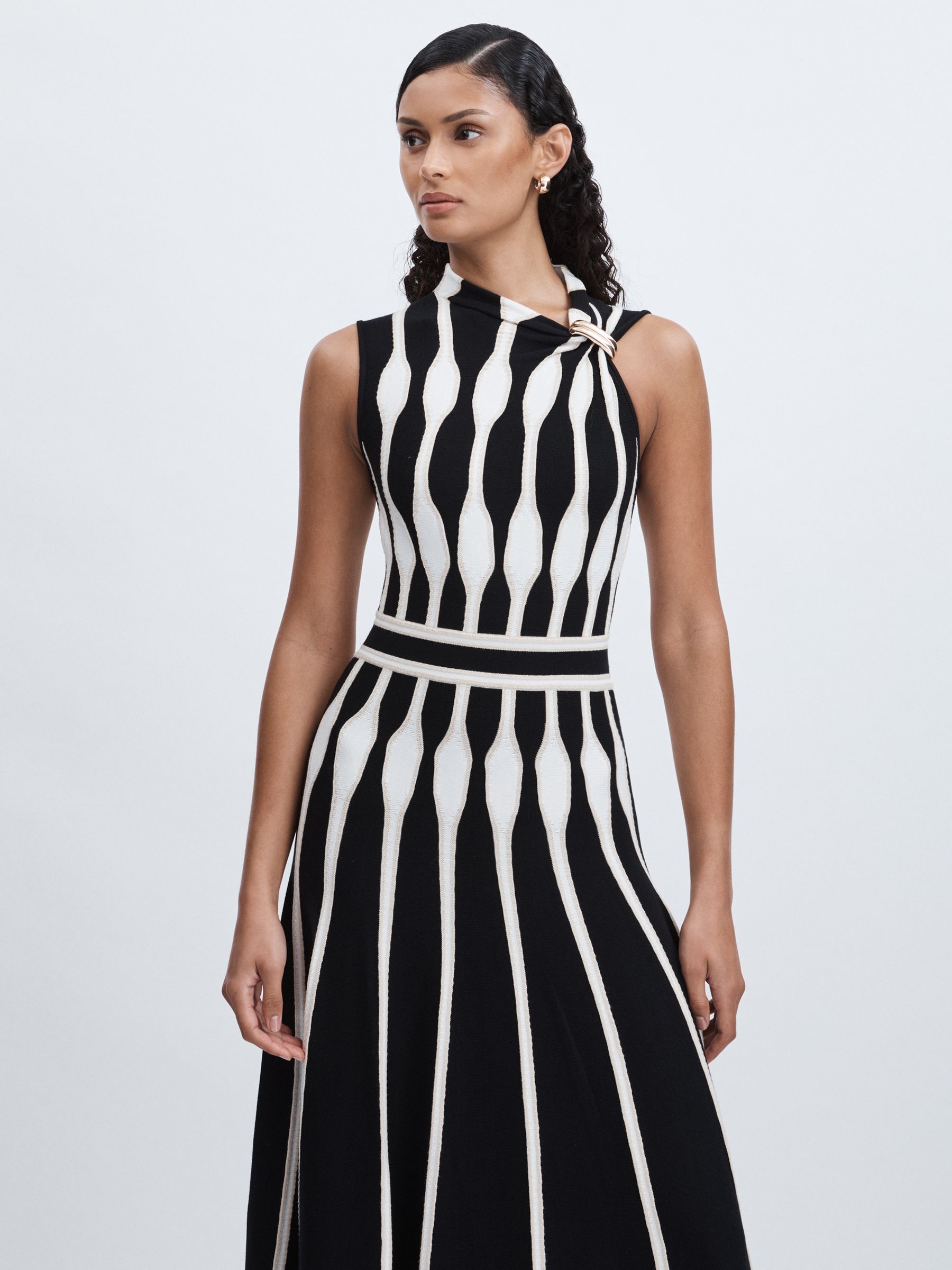 Acler Compact-Knit Patterned Midi Dress in Black/Ecru - Image 4 of 6