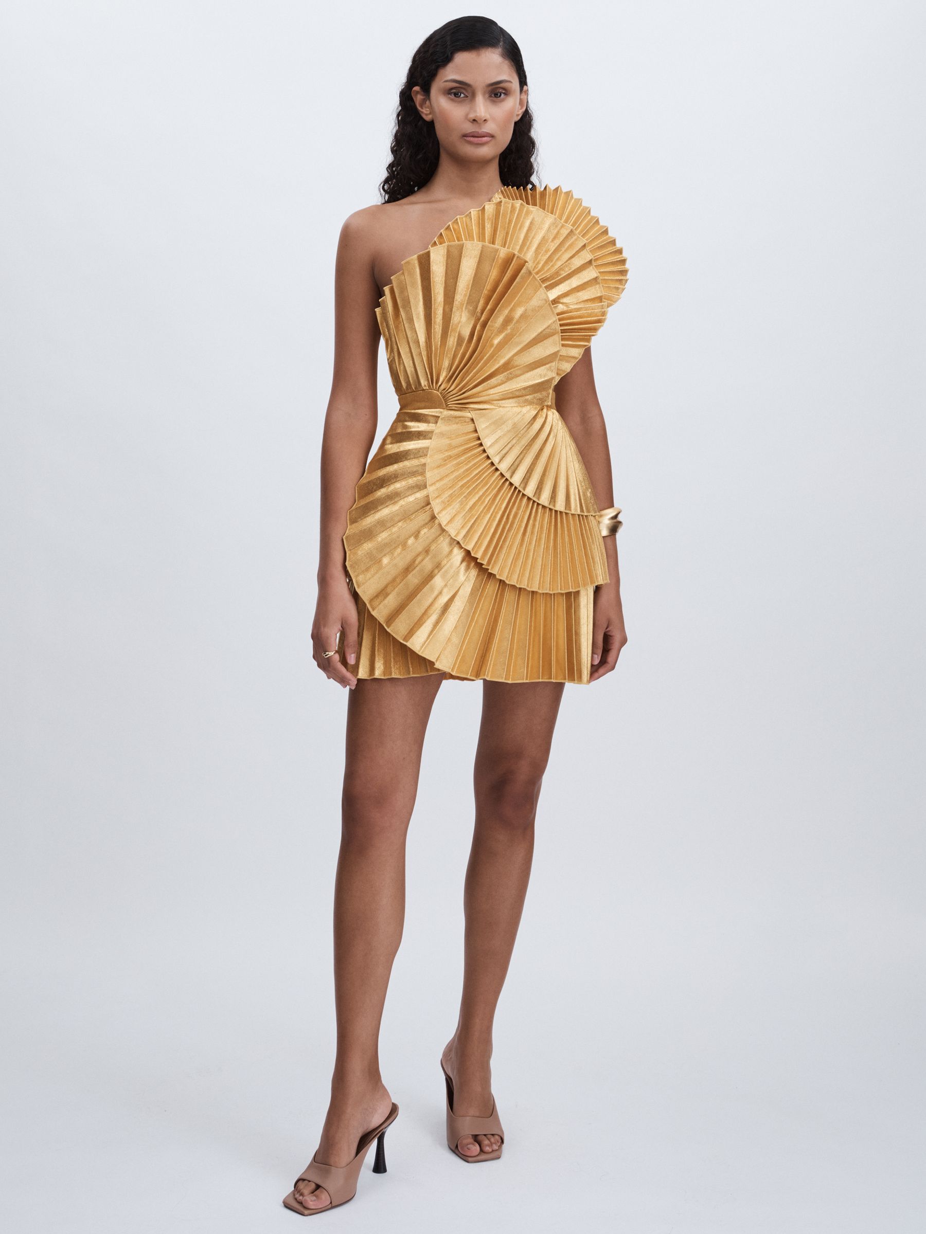 Reiss Acler Pleated Fan Metallic Mini Dress in Gold | REISS