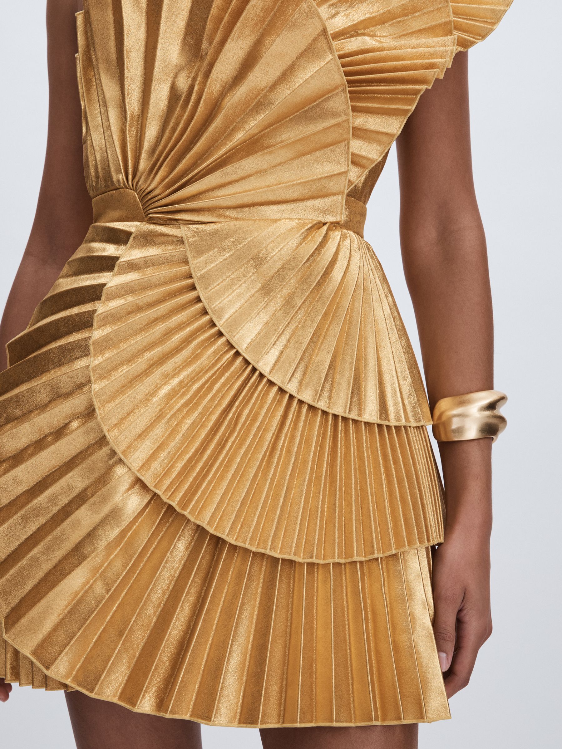 Reiss Acler Pleated Fan Metallic Mini Dress in Gold | REISS