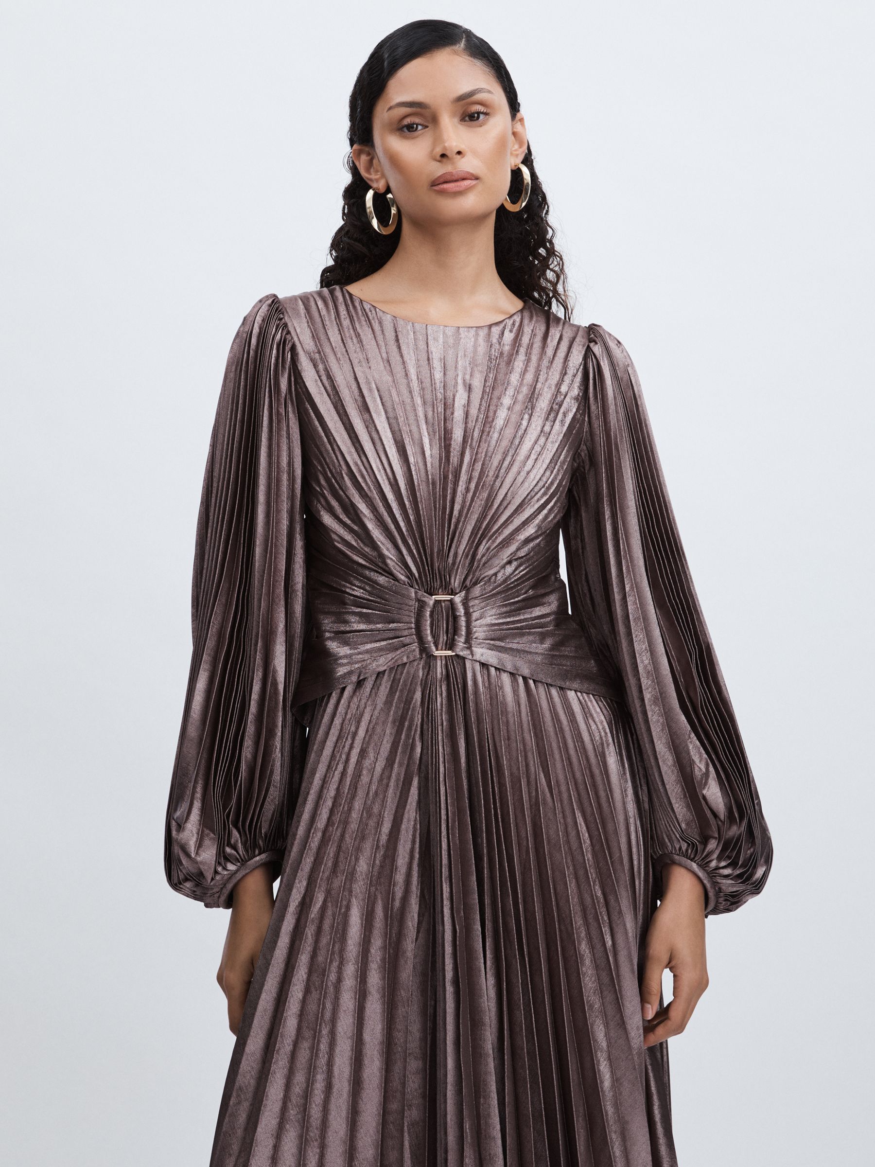 Acler Satin Pleated Midi Dress in Coffee - Image 3 of 6