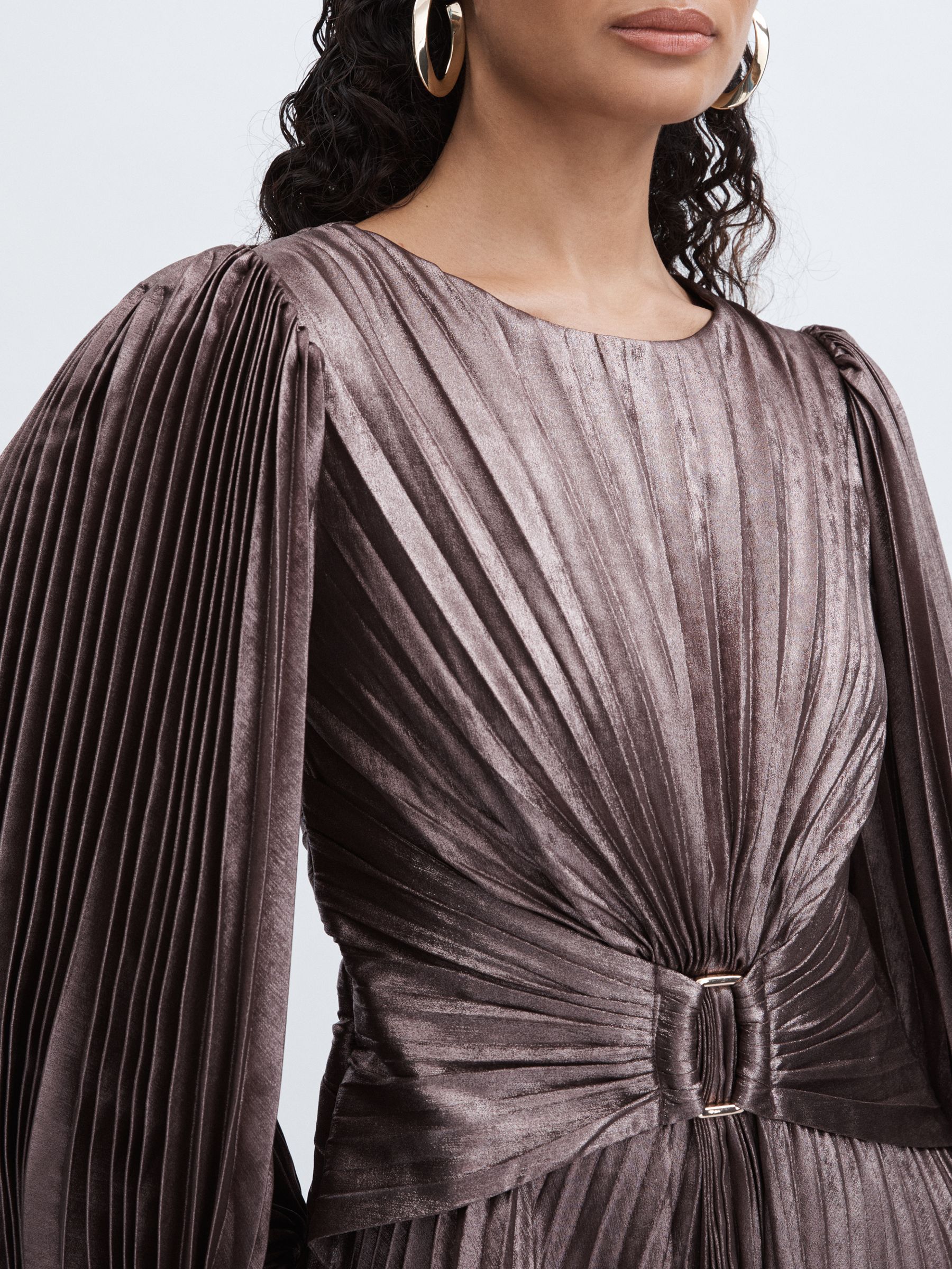 Acler Satin Pleated Midi Dress in Coffee - Image 4 of 6