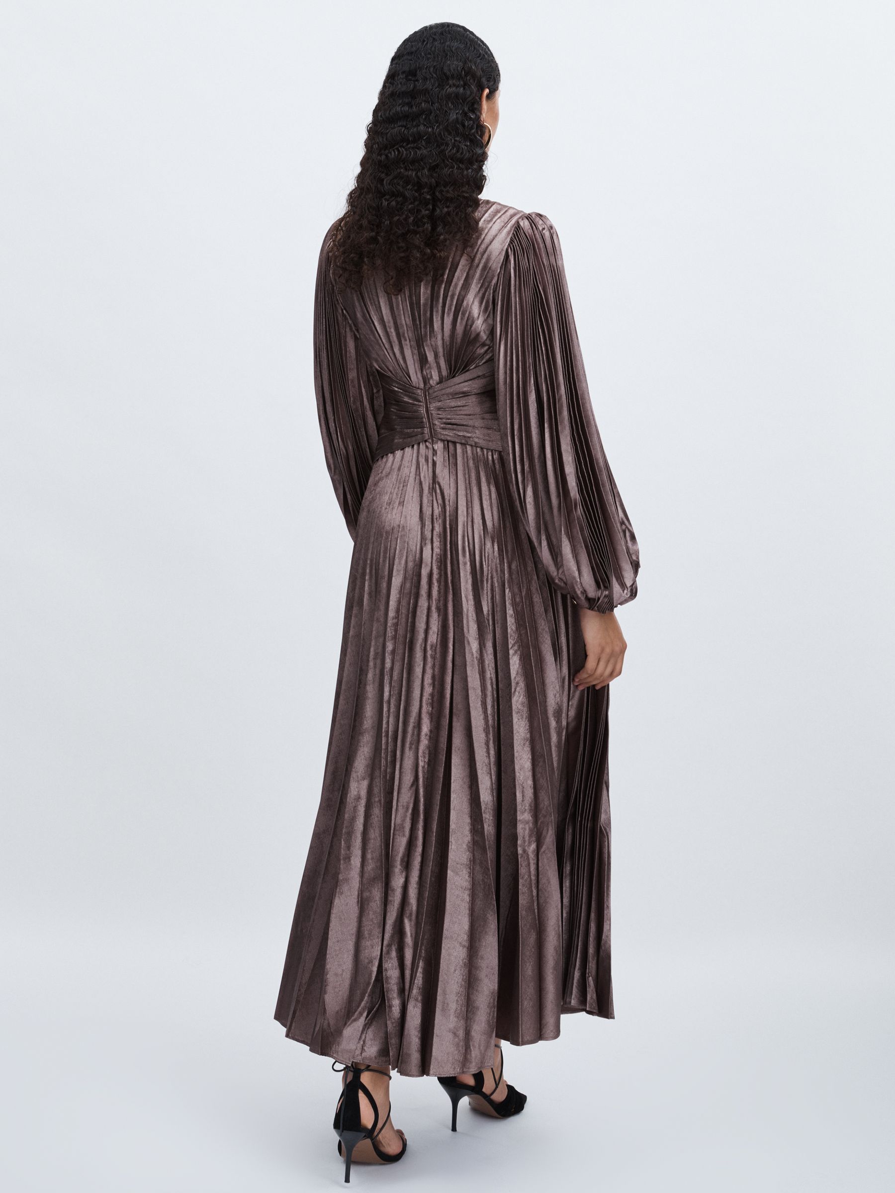 Acler Satin Pleated Midi Dress in Coffee - Image 5 of 6