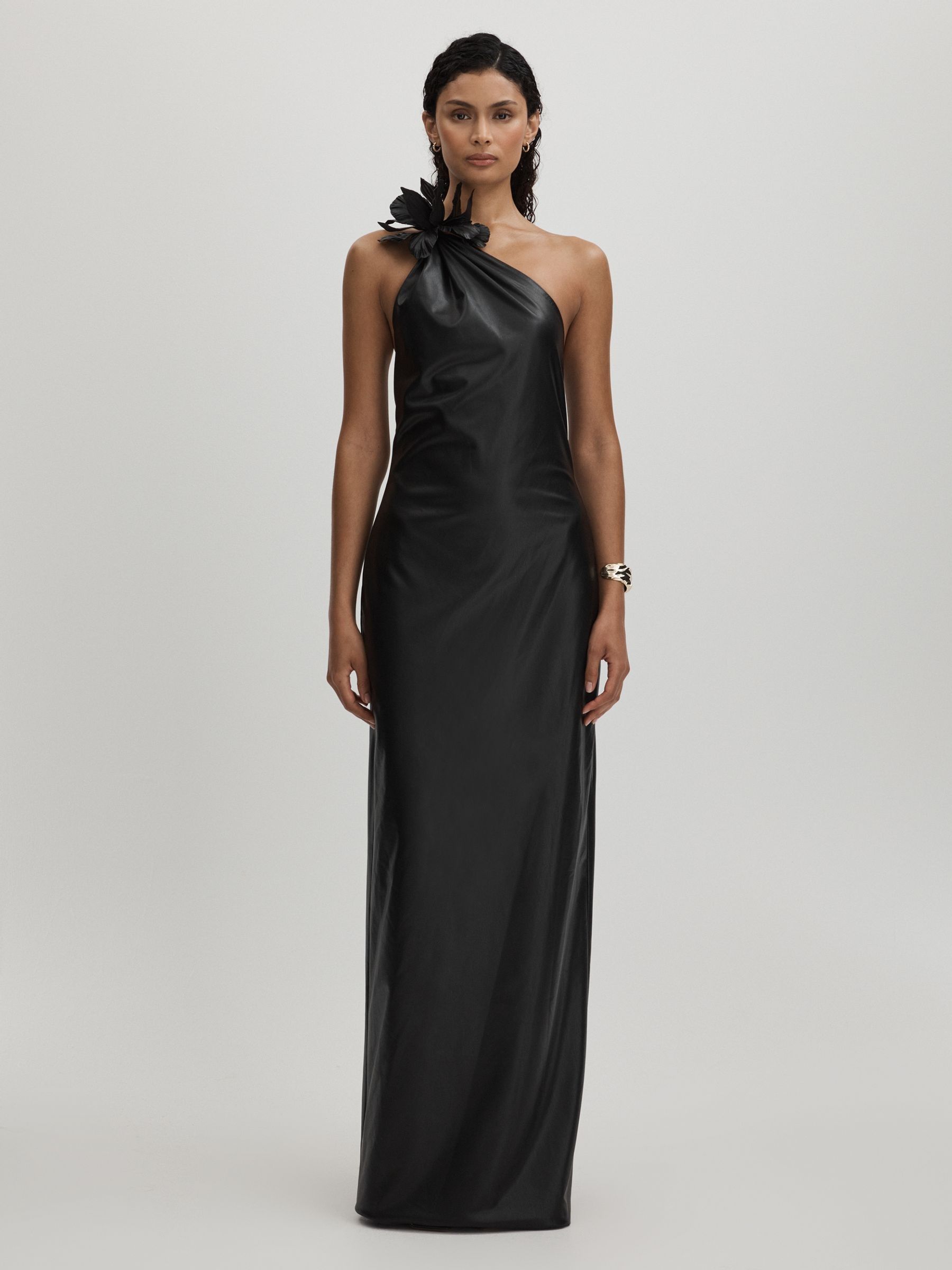 Reiss Halston Faux Leather One-Shoulder Maxi Dress in Black | REISS