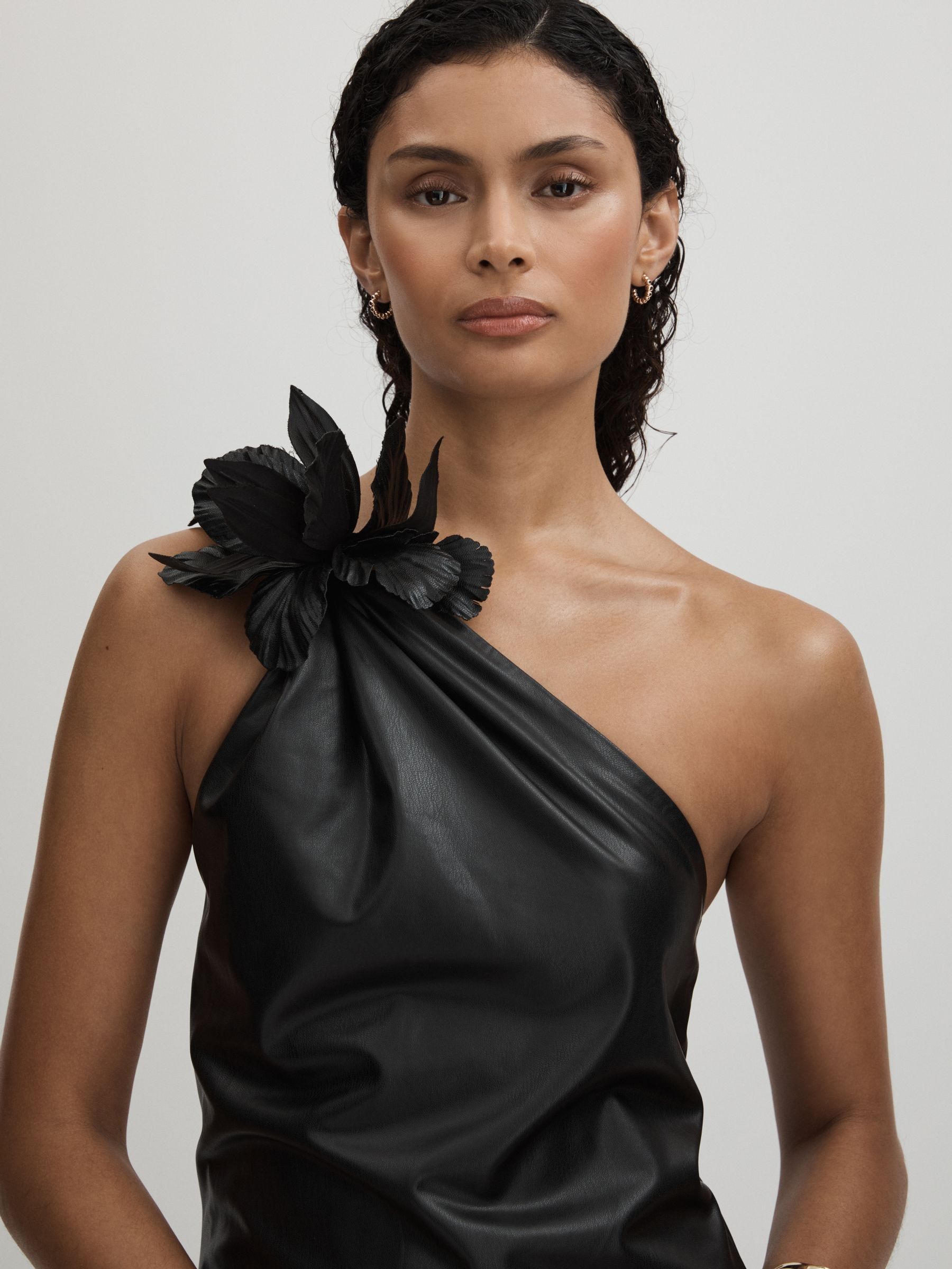 Reiss Halston Faux Leather One-Shoulder Maxi Dress in Black | REISS