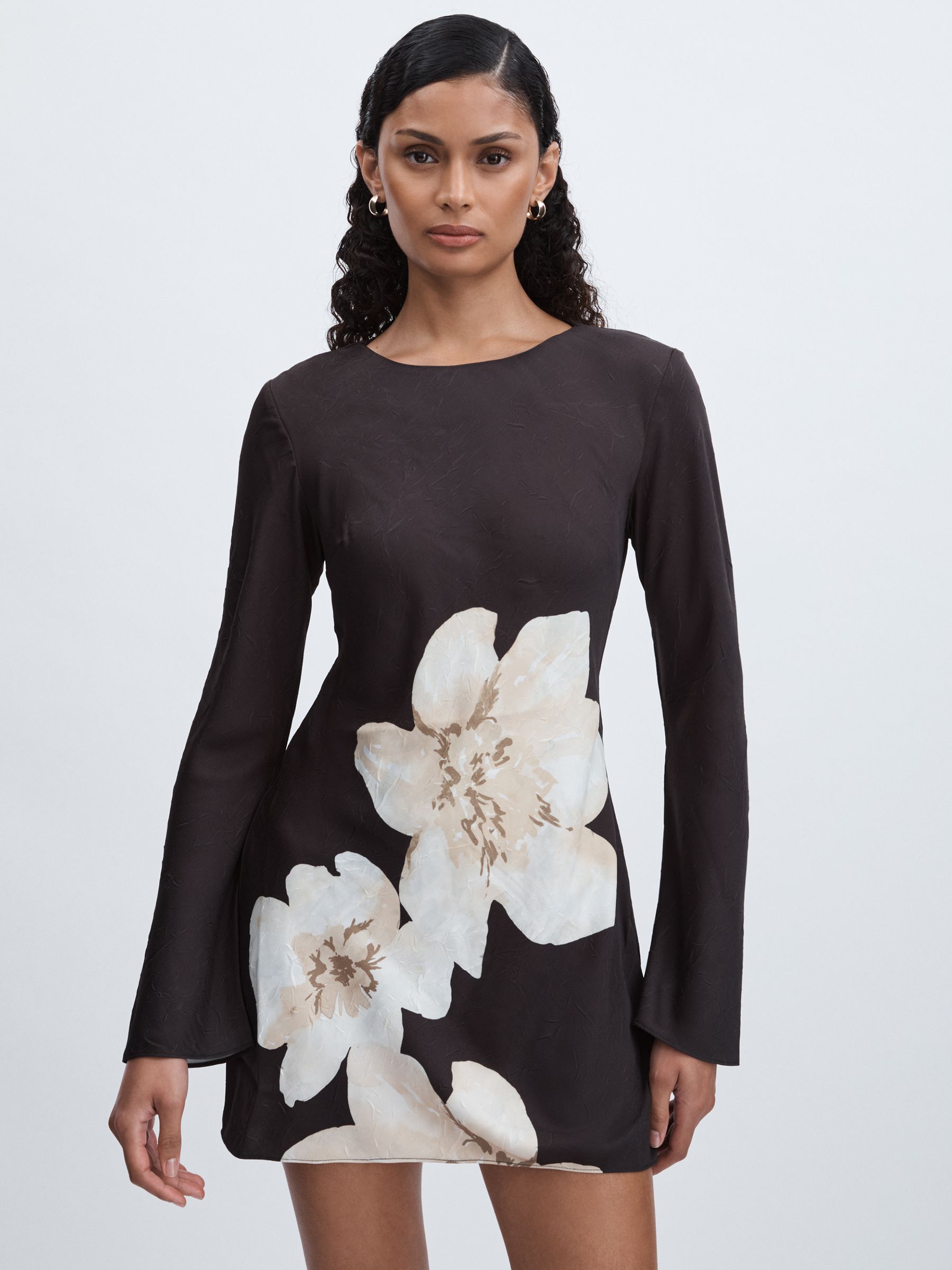 Satin Flower Print Mini Dress in Grey Multi - Image 1 of 6