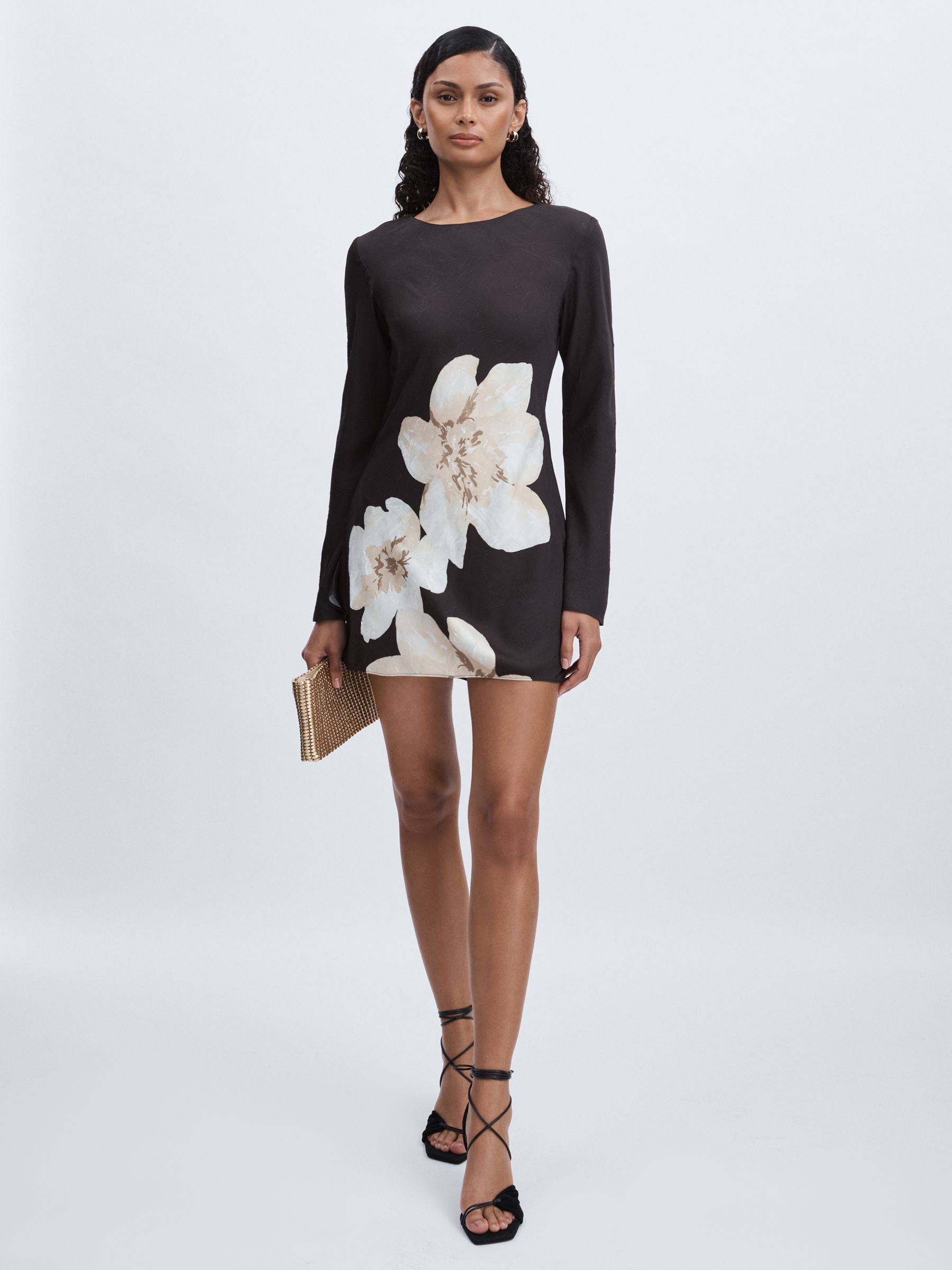 Satin Flower Print Mini Dress in Grey Multi - Image 3 of 6
