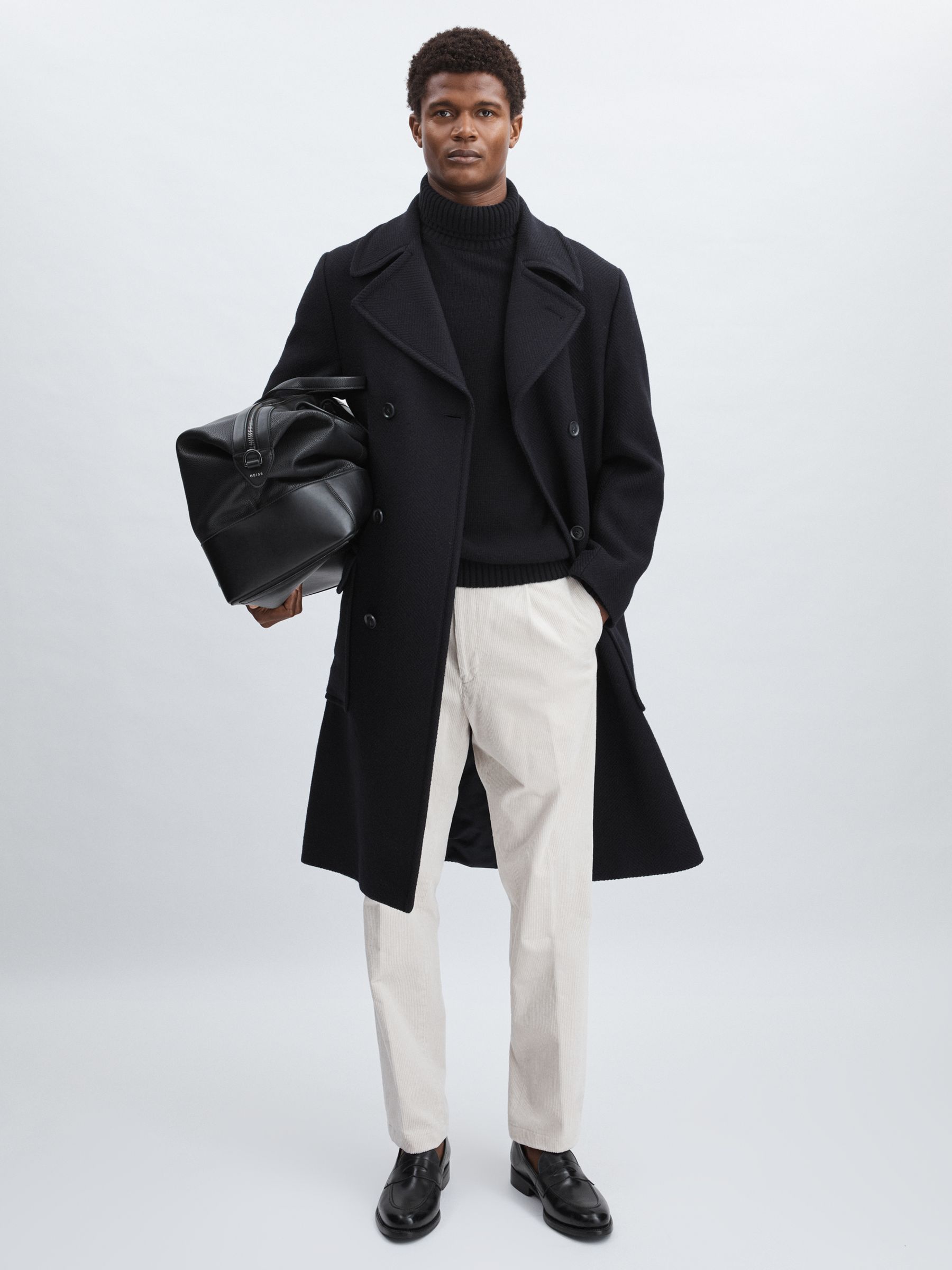 Oscar Jacobson Wool Herringbone Double-Breasted Coat in Navy - Image 1 of 6 Oscar Jacobson Wool Herringbone Double-Breasted Coat in Navy - Image 1 of 6