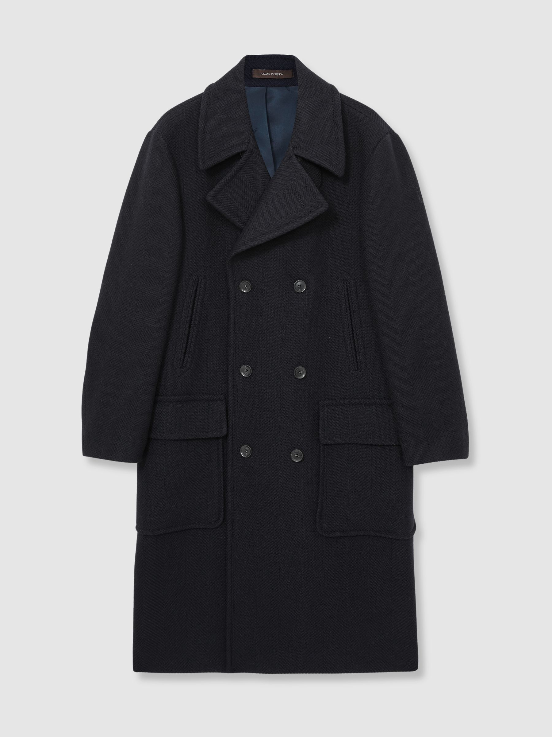 Oscar Jacobson Wool Herringbone Double-Breasted Coat in Navy - Image 2 of 6 Oscar Jacobson Wool Herringbone Double-Breasted Coat in Navy - Image 2 of 6
