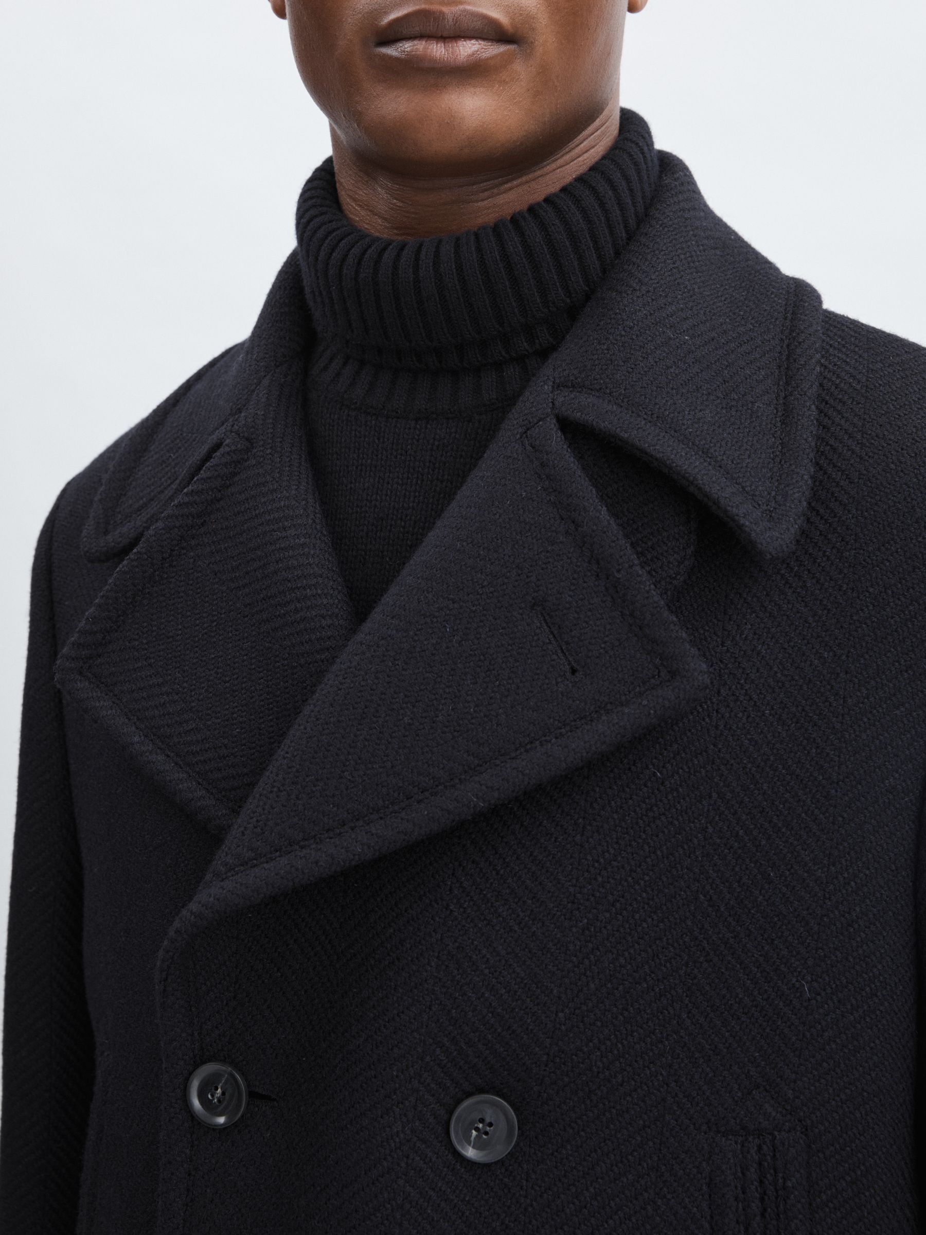Oscar Jacobson Wool Herringbone Double-Breasted Coat in Navy - Image 3 of 6