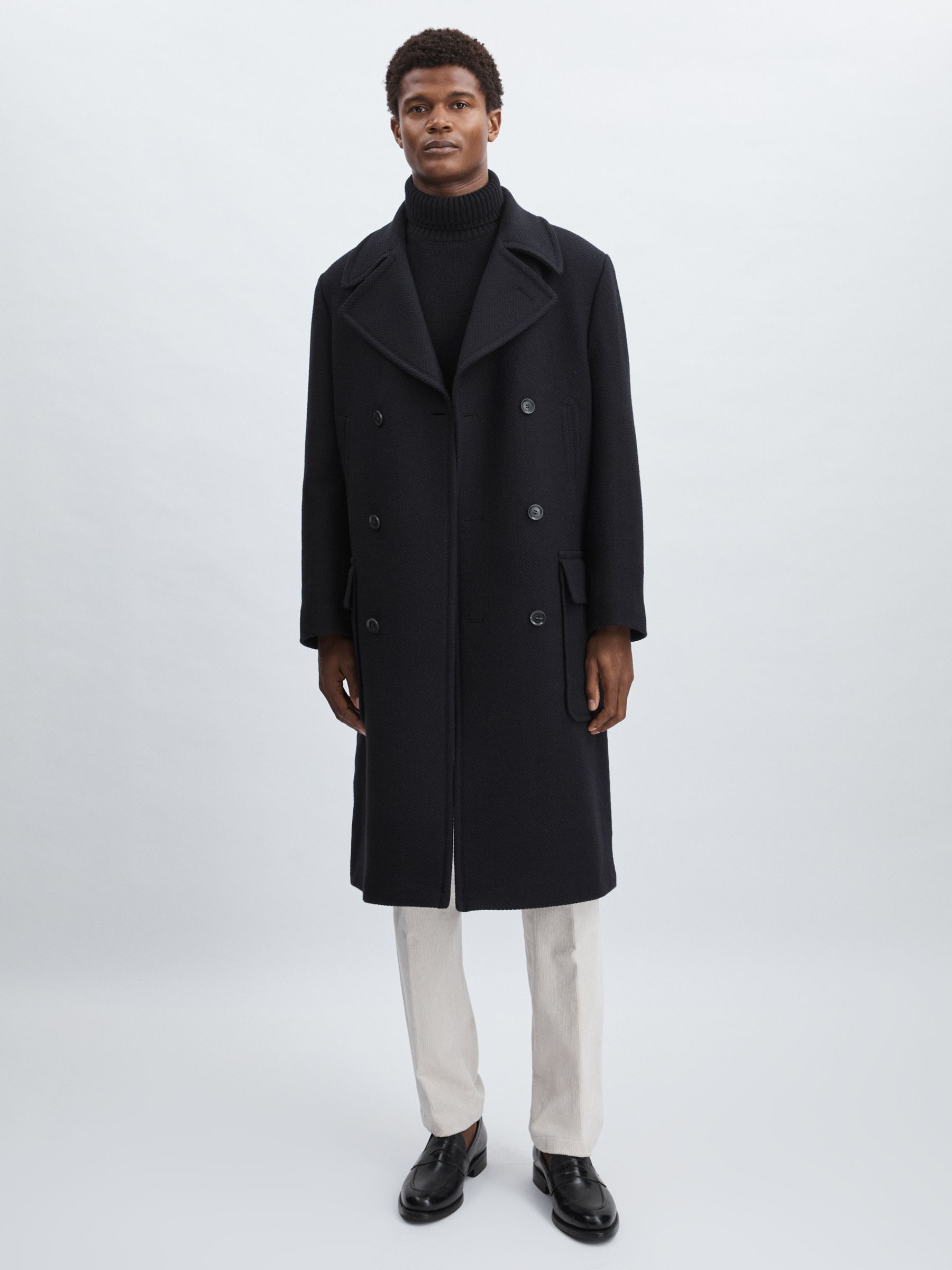Oscar Jacobson Wool Herringbone Double-Breasted Coat in Navy - Image 4 of 6