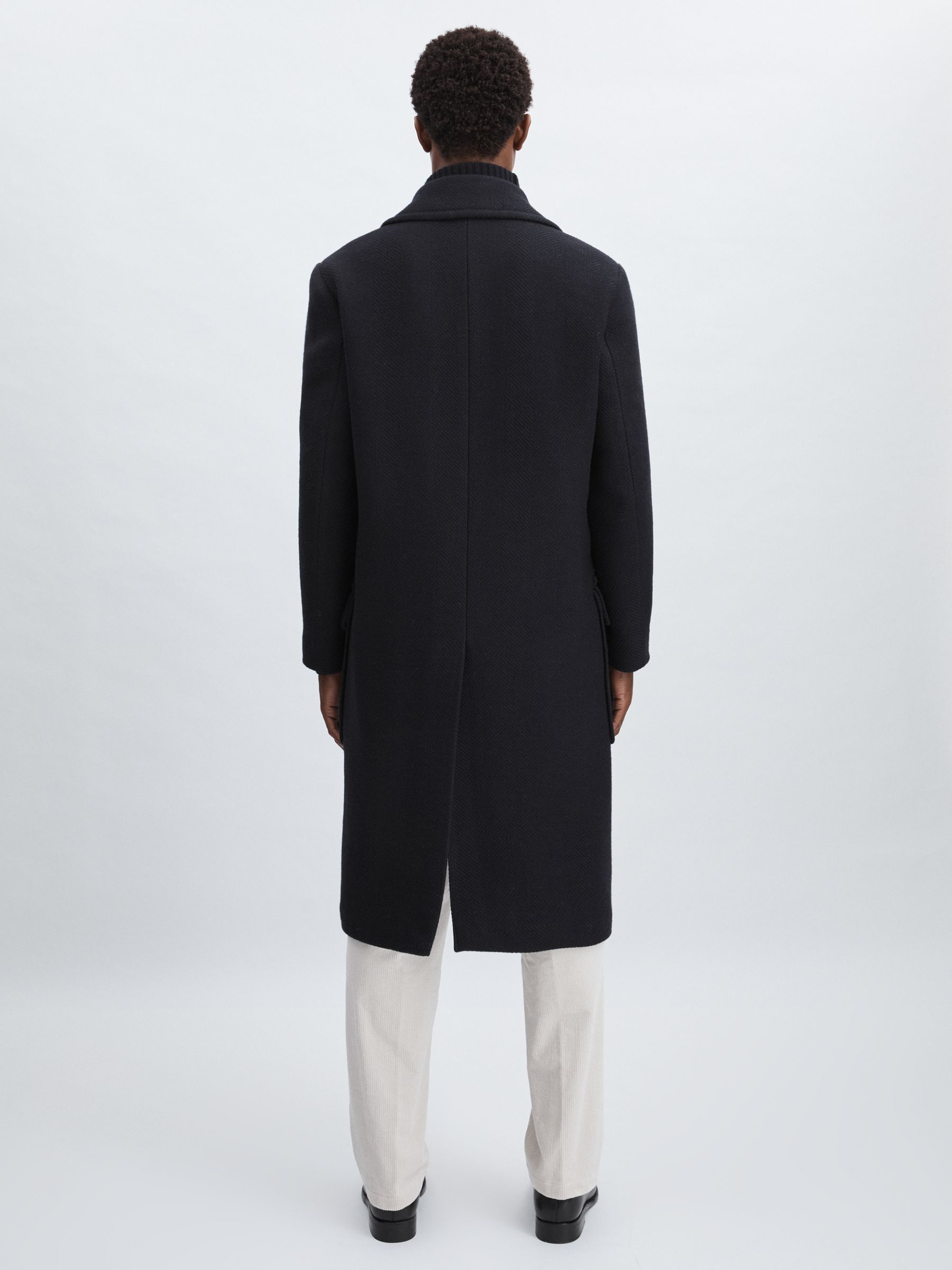 Oscar Jacobson Wool Herringbone Double-Breasted Coat in Navy - Image 5 of 6