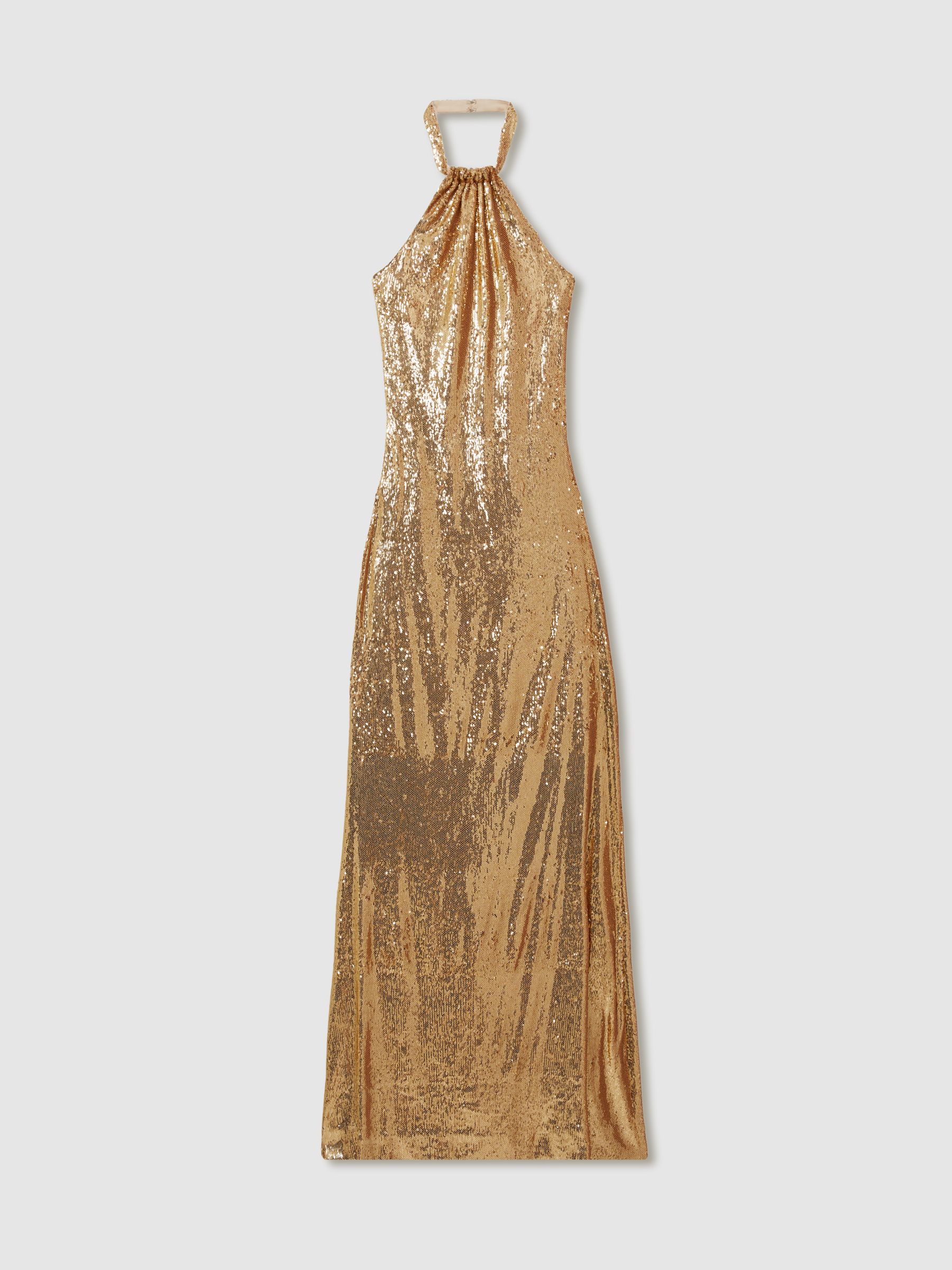 Halston Sequin Halterneck Maxi Dress in Gold - Image 2 of 5