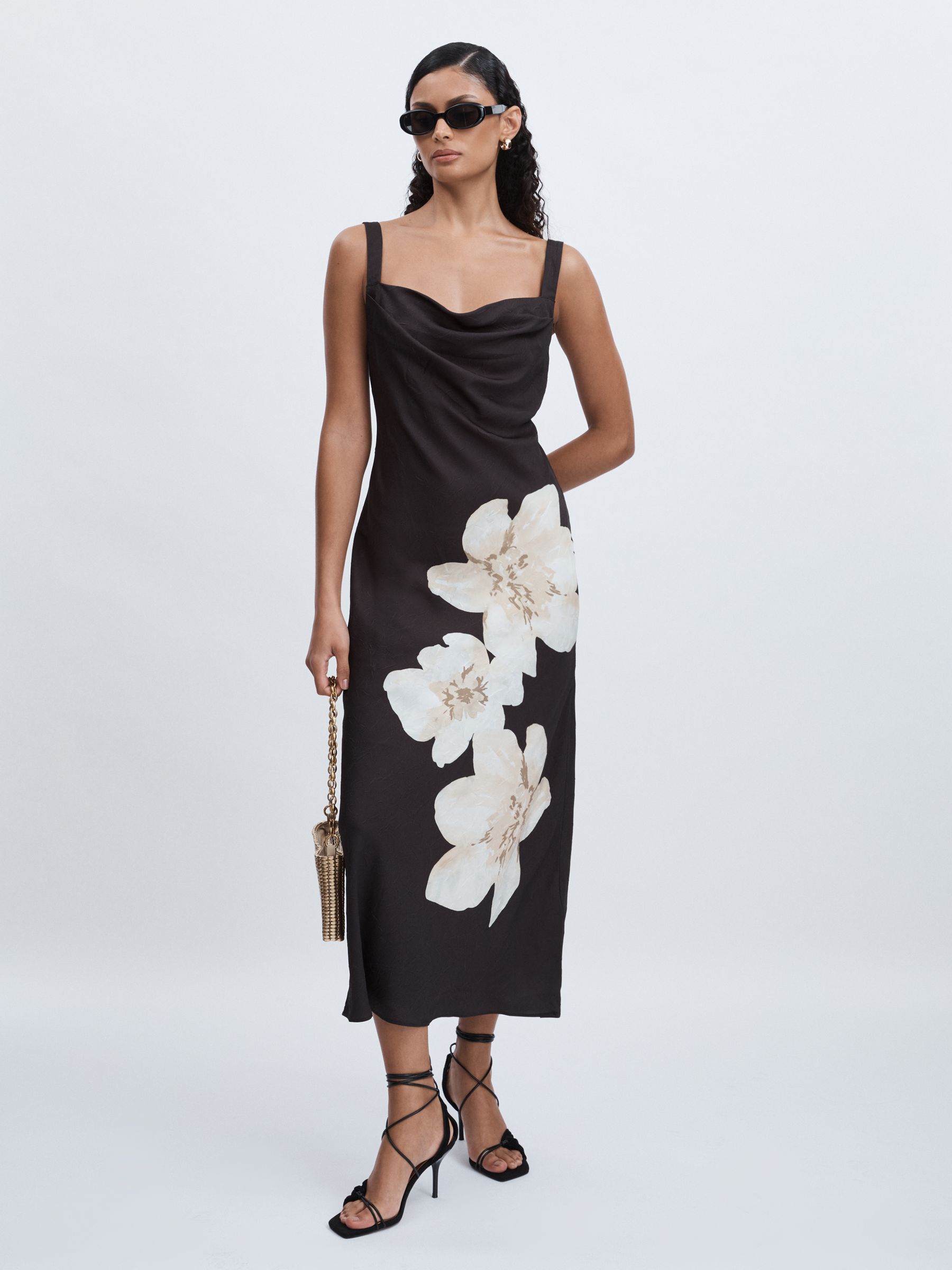 Alia Midi Satin Flower Print Midi Dress in Grey Multi - Image 1 of 7