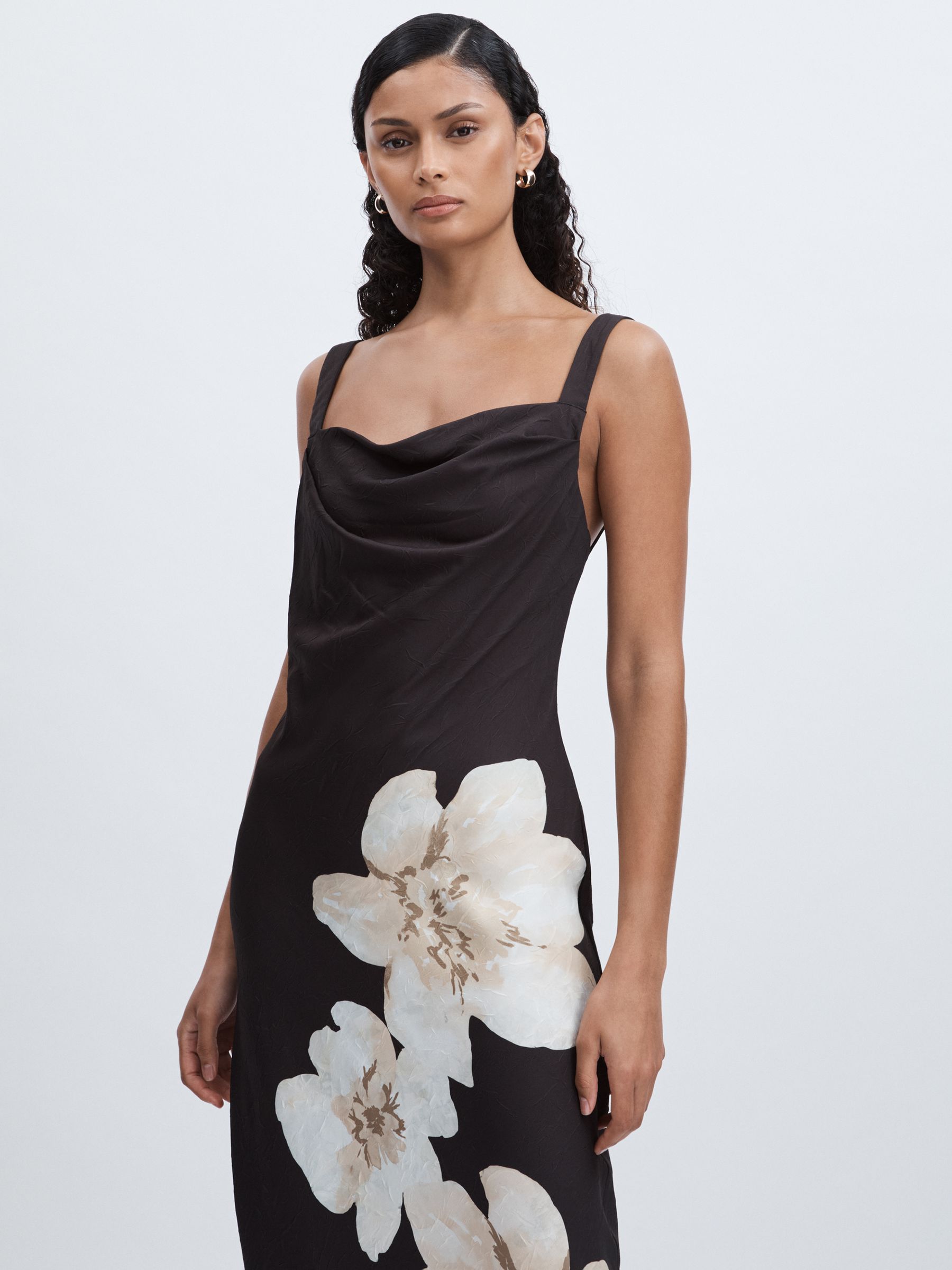 Alia Midi Satin Flower Print Midi Dress in Grey Multi - Image 4 of 7