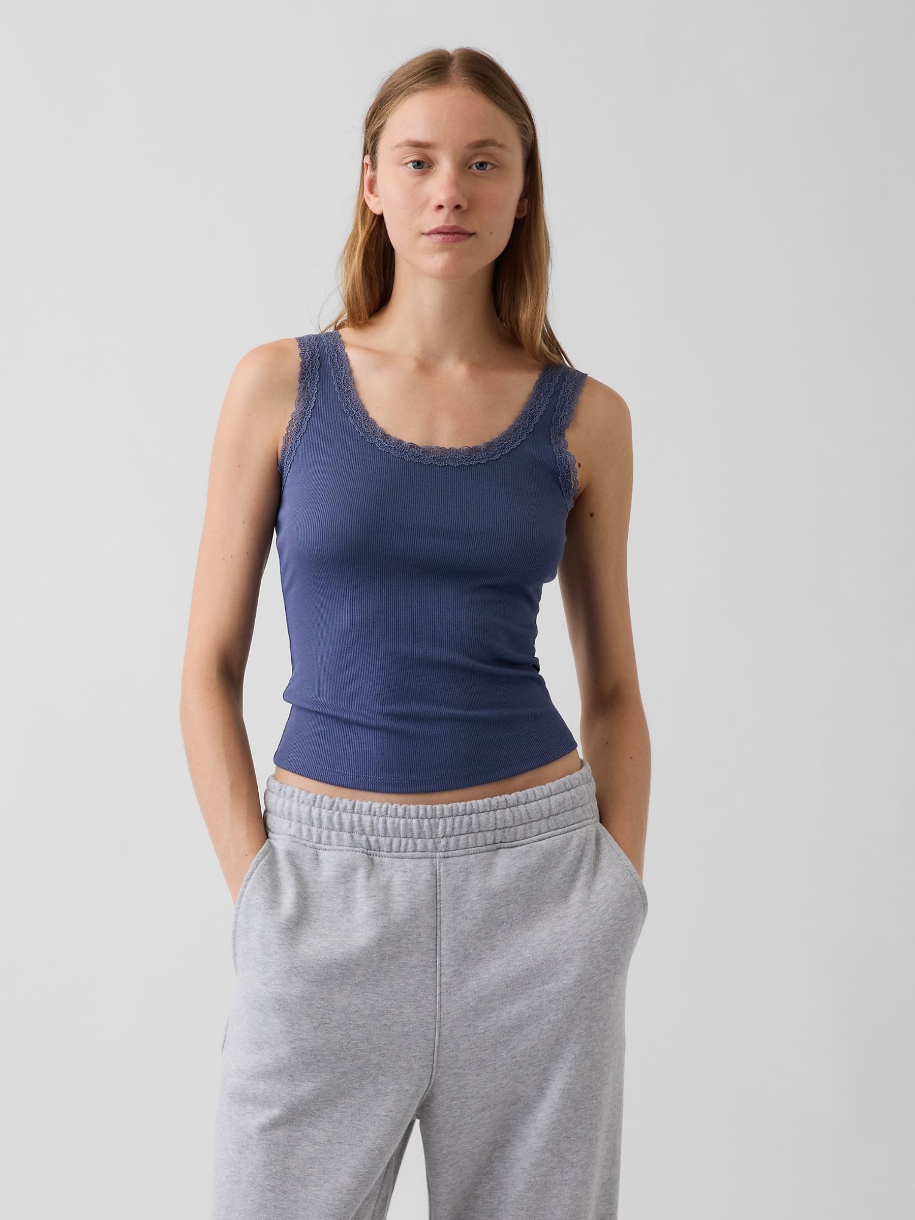 Blue Mini Rib Lace-Trim Pyjamas Vest - Image 1 of 4 Blue Mini Rib Lace-Trim Pyjamas Vest - Image 1 of 4