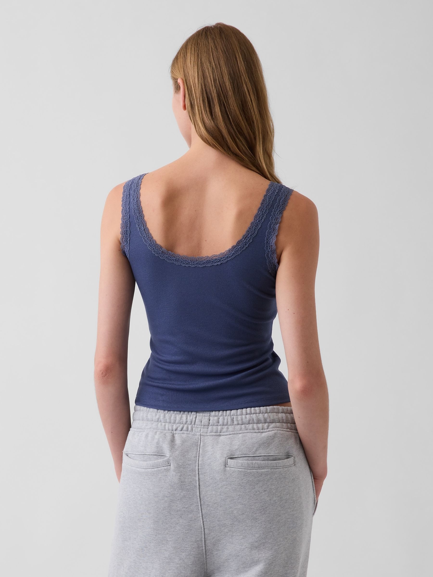 Blue Mini Rib Lace-Trim Pyjamas Vest - Image 2 of 4