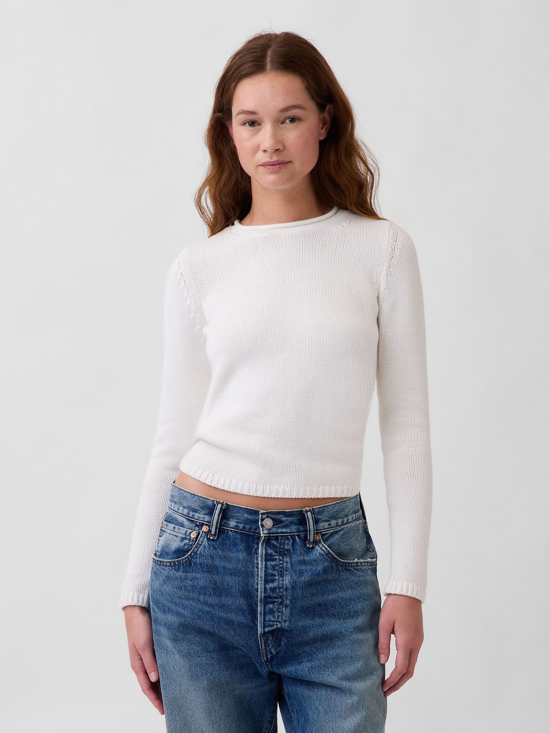 White Cotton Rolled-Neck Jumper - Image 1 of 4