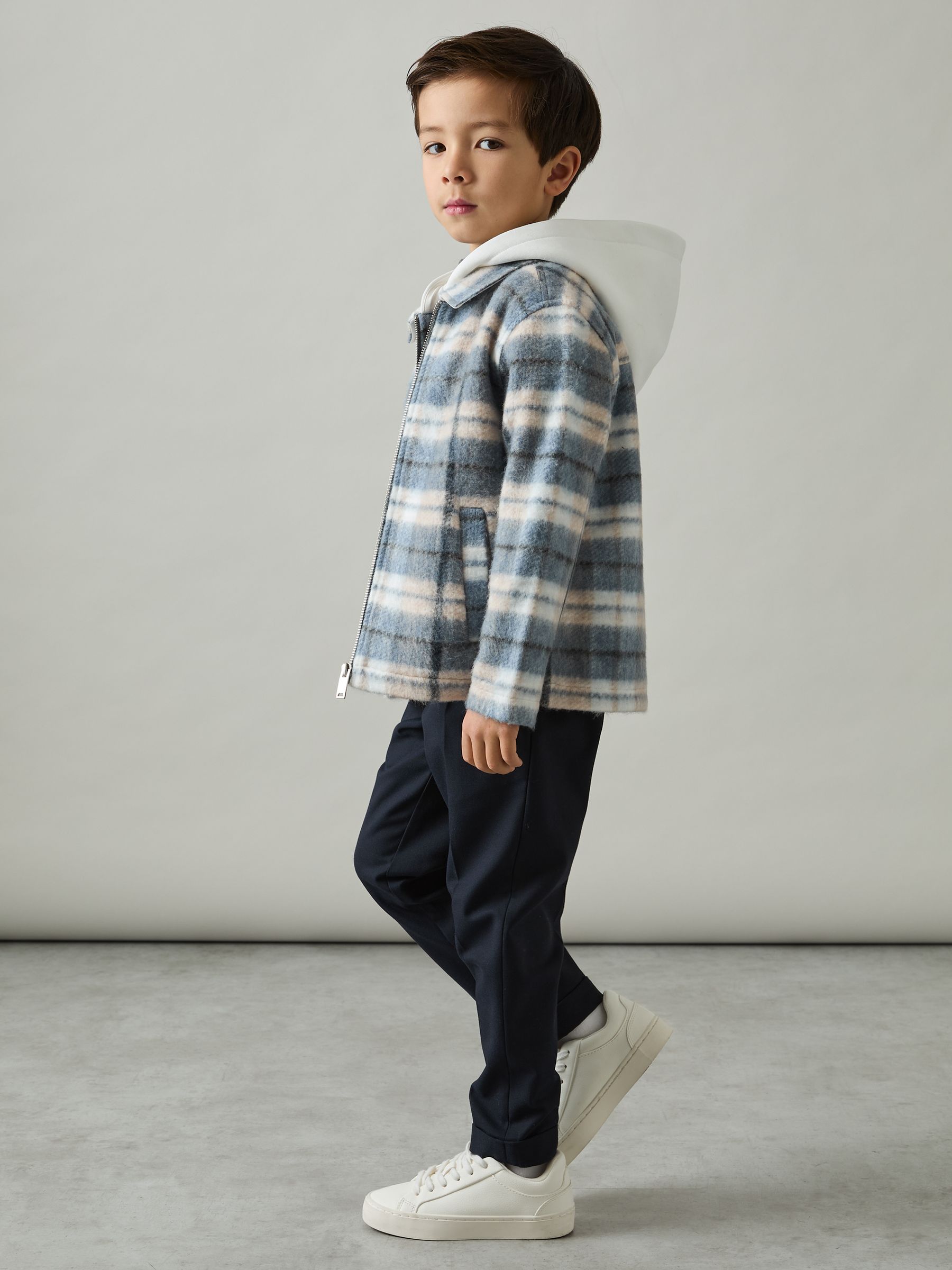 9-13 yrs Long Sleeved Hooded Check Overshirt in Blue - Image 1 of 4
