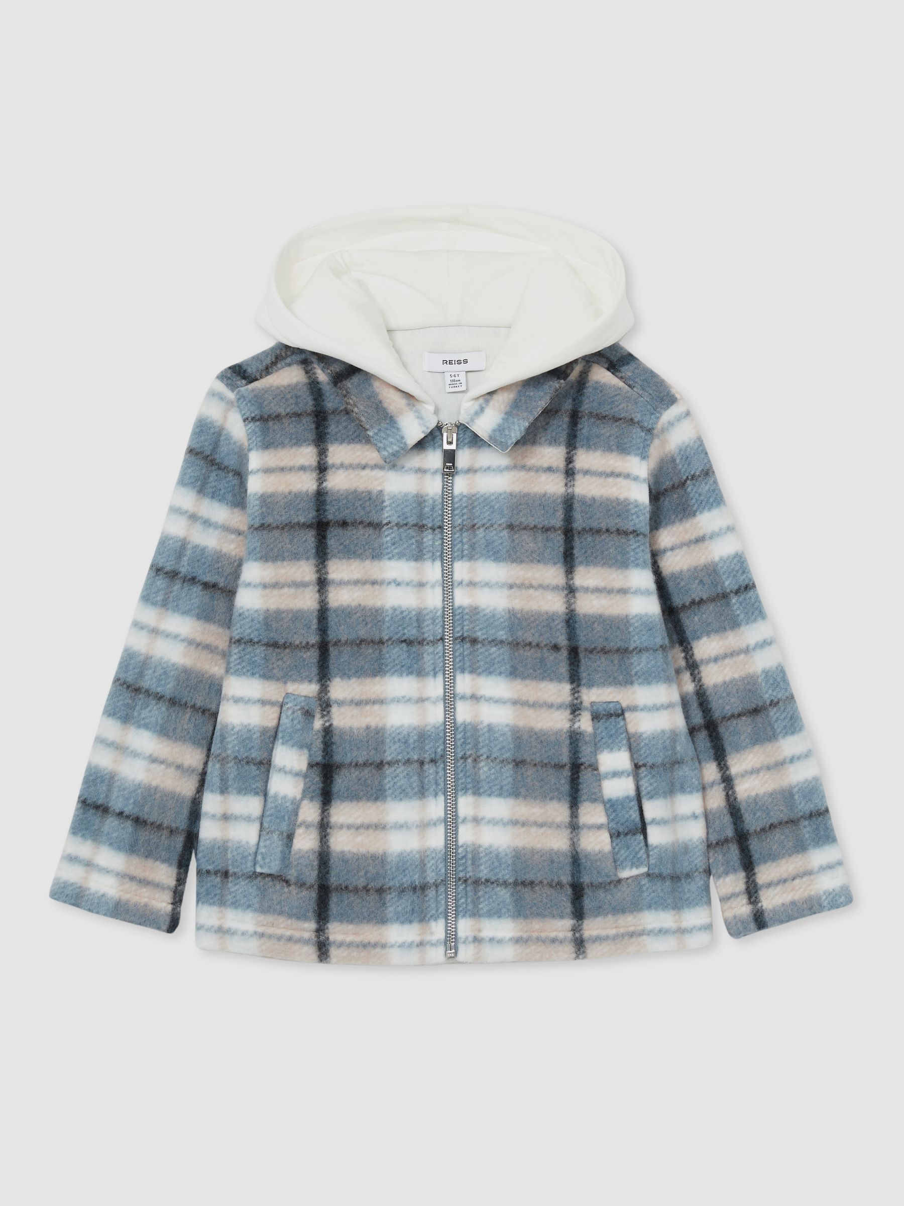 9-13 yrs Long Sleeved Hooded Check Overshirt in Blue - Image 2 of 4